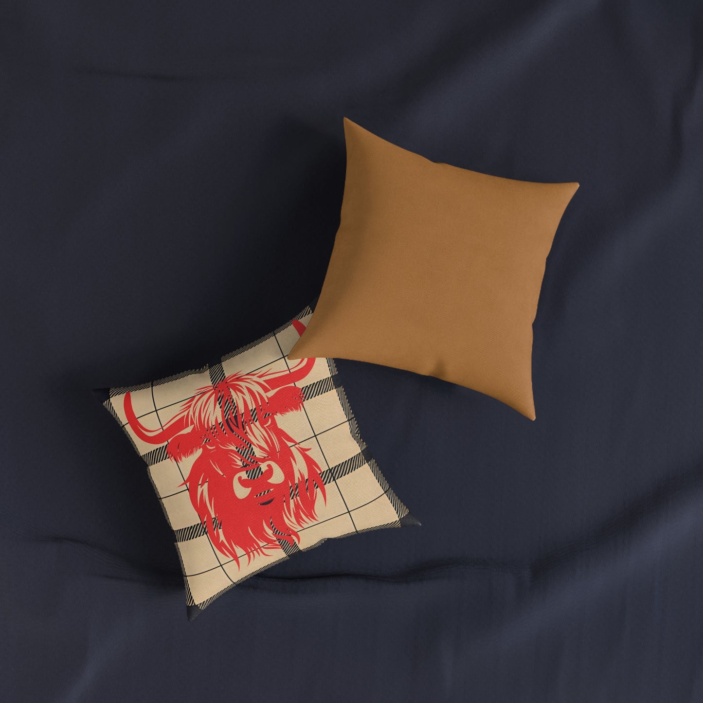 Highland Cow Square Pillow | Cozy Home Decor, Rustic Throw Pillow, Farmhouse Cushion, Unique Gift for Animal Lovers, Plaid Accent