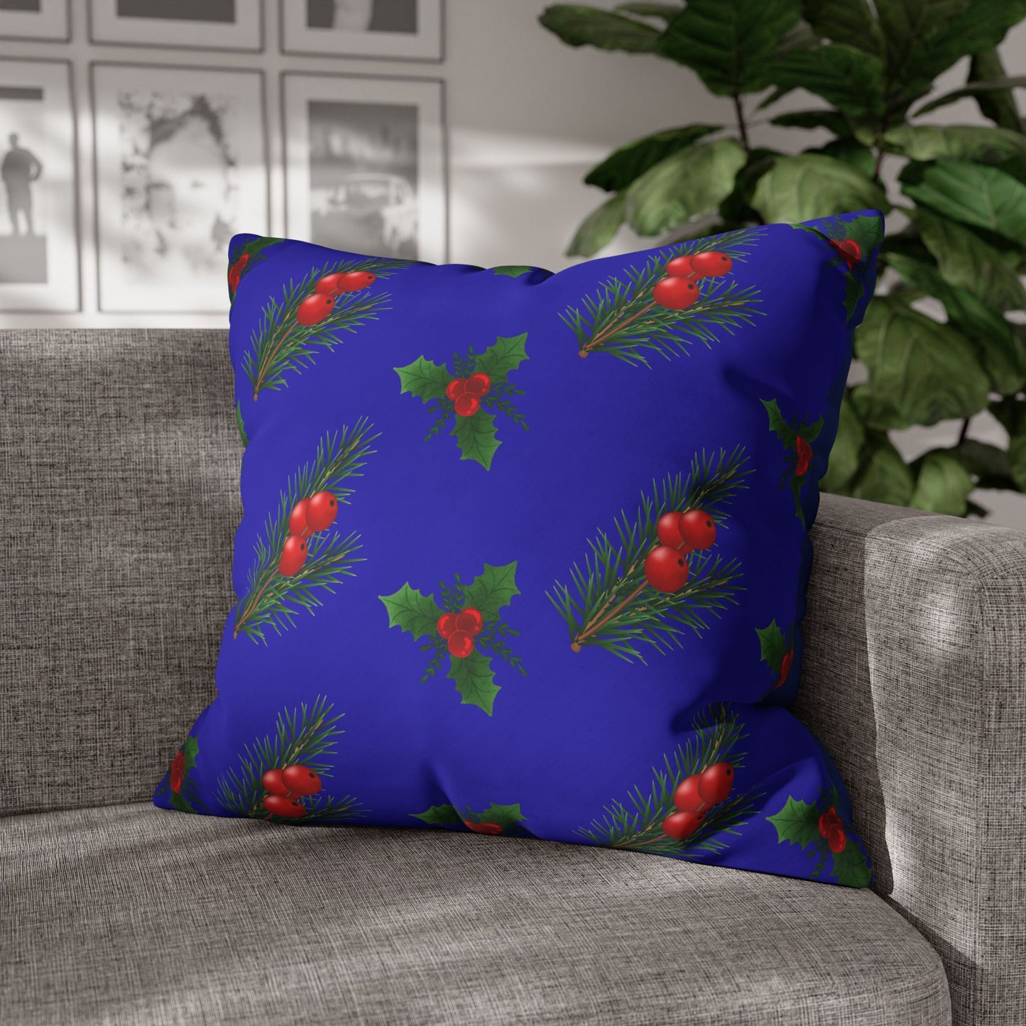 Christmas Holly & Pine Square Pillowcase — Blue Holiday Decorative Cushion Cover