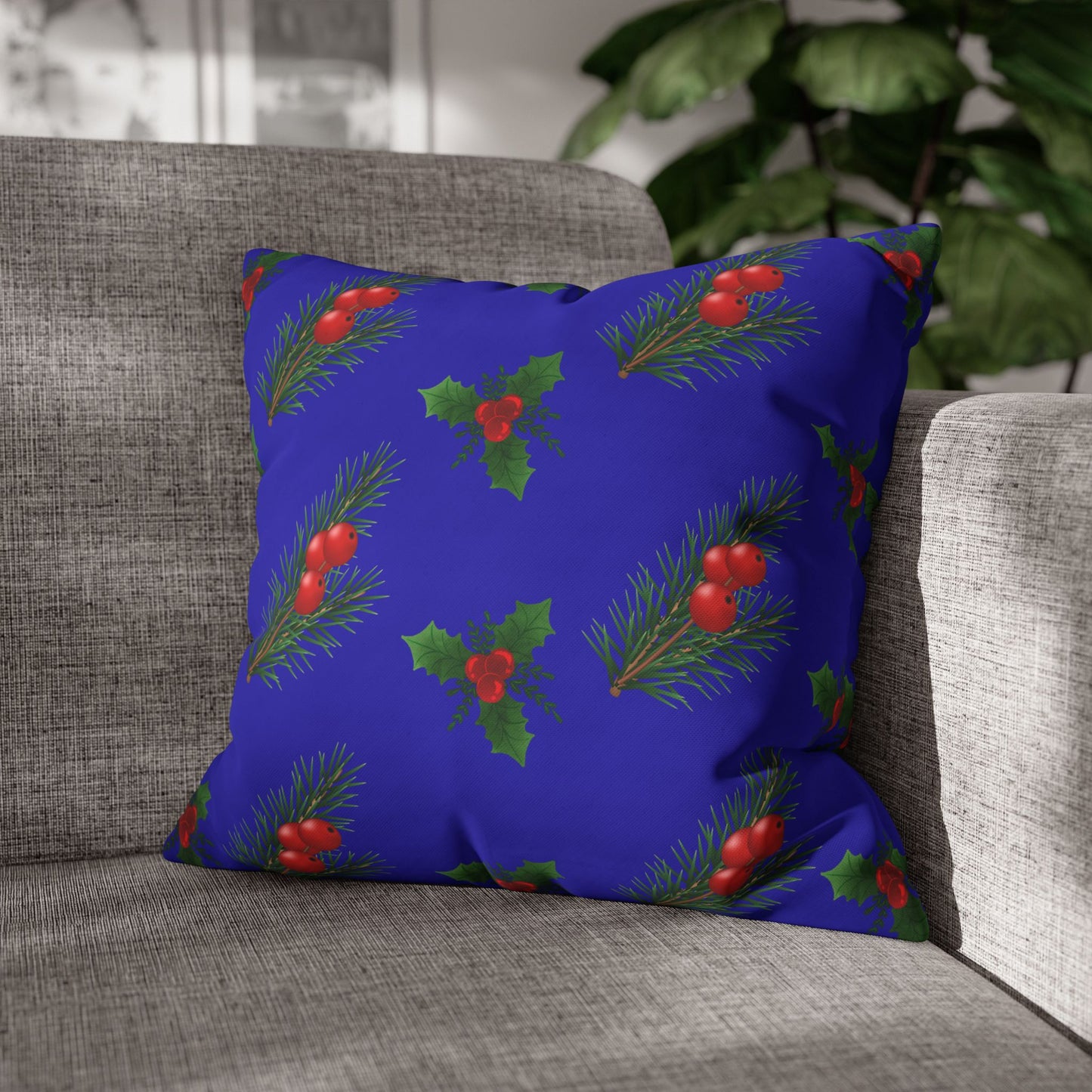 Christmas Holly & Pine Square Pillowcase — Blue Holiday Decorative Cushion Cover