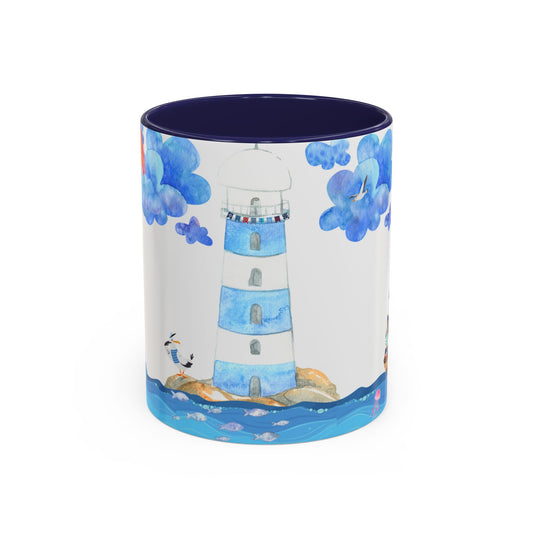 Ocean-Inspired Accent Coffee Mug, Nautical Decor, Lighthouse & Sailboat Design, Perfect Gift for Beach Lovers, Ideal for Home or Office