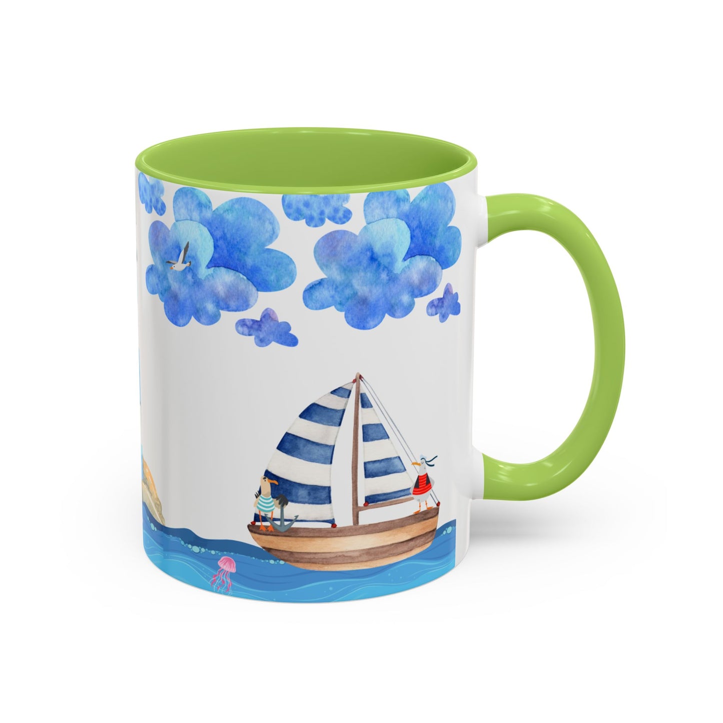 Ocean-Inspired Accent Coffee Mug, Nautical Decor, Lighthouse & Sailboat Design, Perfect Gift for Beach Lovers, Ideal for Home or Office