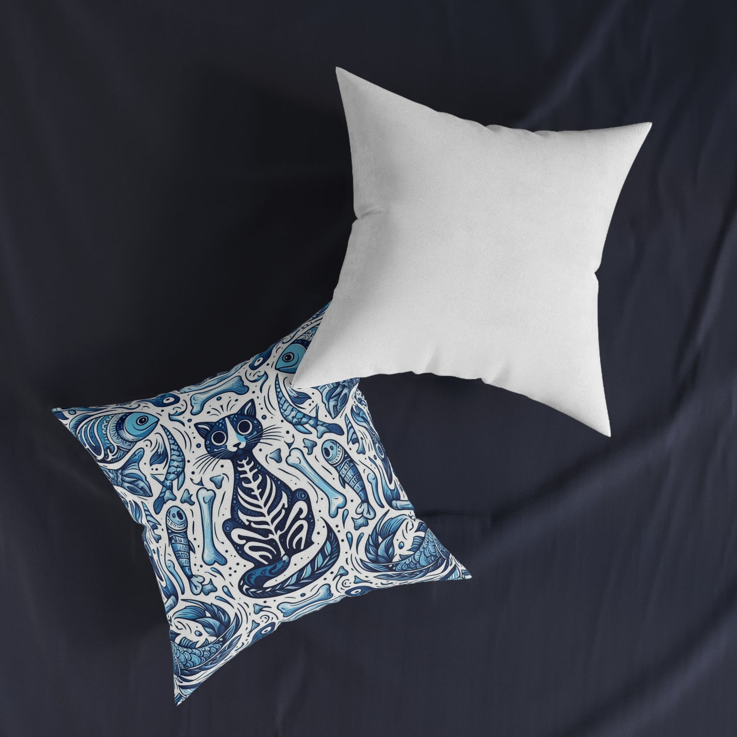Whimsical Cat Skeleton Square Pillow – Cozy Home Decor for Cat Lovers