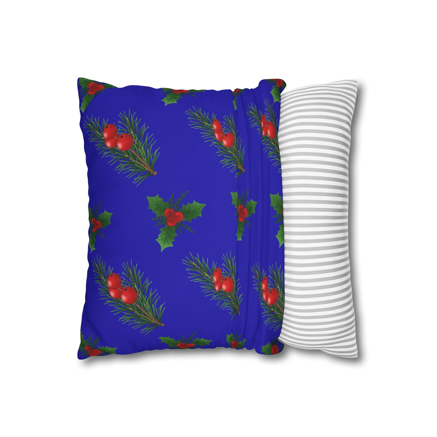 Christmas Holly & Pine Square Pillowcase — Blue Holiday Decorative Cushion Cover
