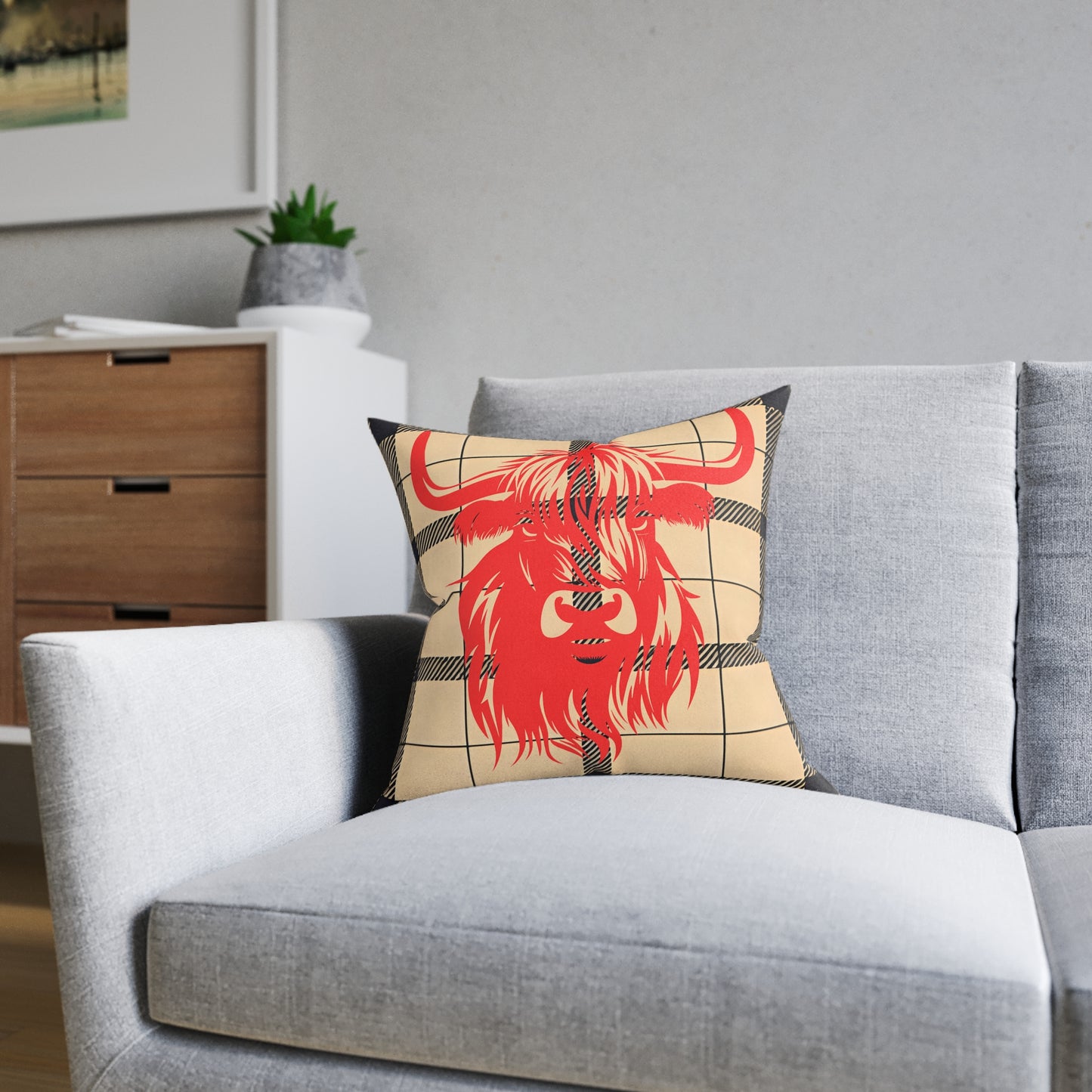 Highland Cow Square Pillow | Cozy Home Decor, Rustic Throw Pillow, Farmhouse Cushion, Unique Gift for Animal Lovers, Plaid Accent