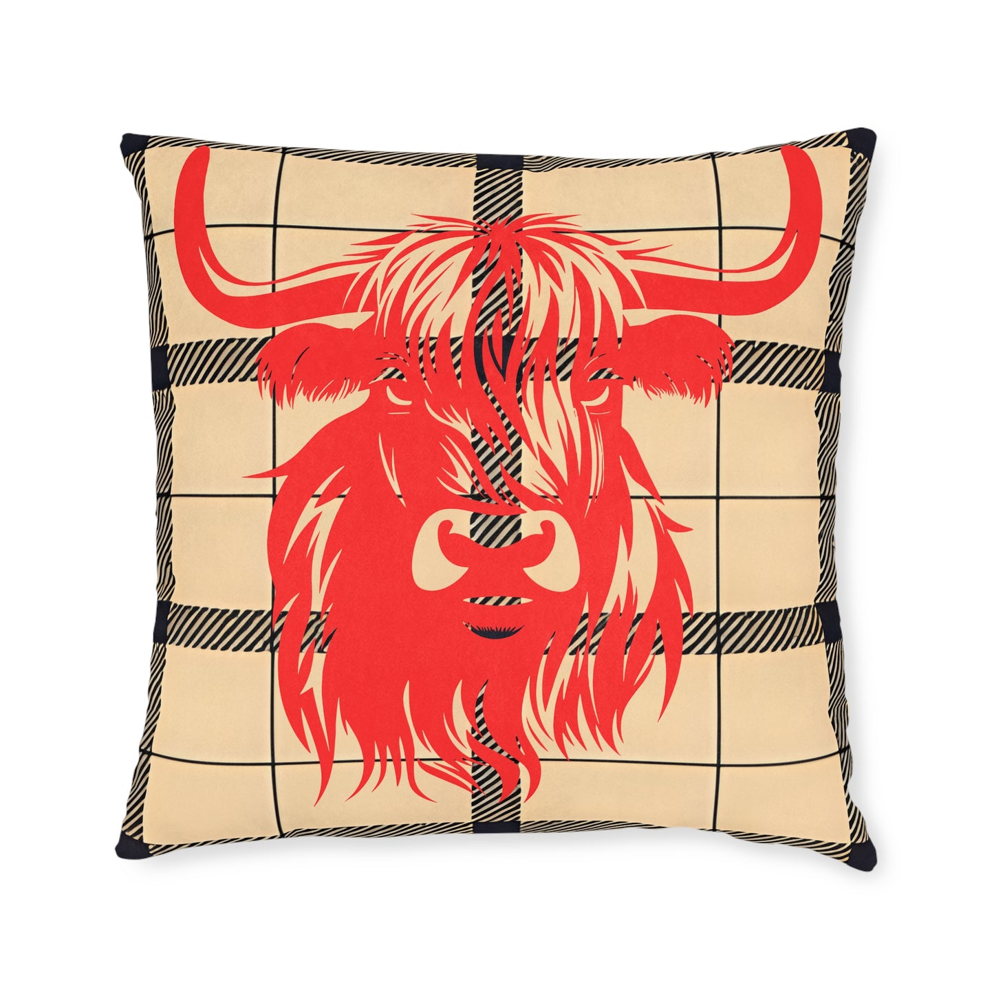 Highland Cow Square Pillow | Cozy Home Decor, Rustic Throw Pillow, Farmhouse Cushion, Unique Gift for Animal Lovers, Plaid Accent