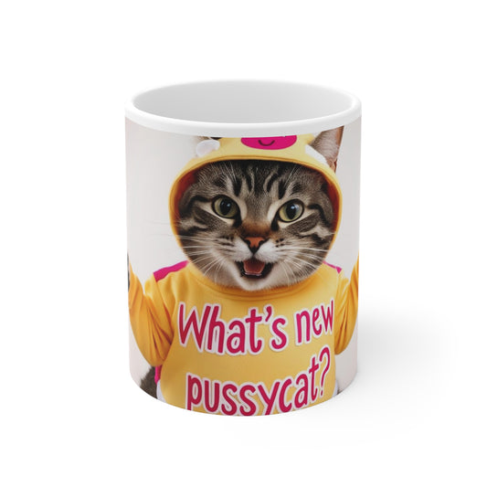 Funny Cat Mug - "What's New Pussycat?" - 11oz White Ceramic