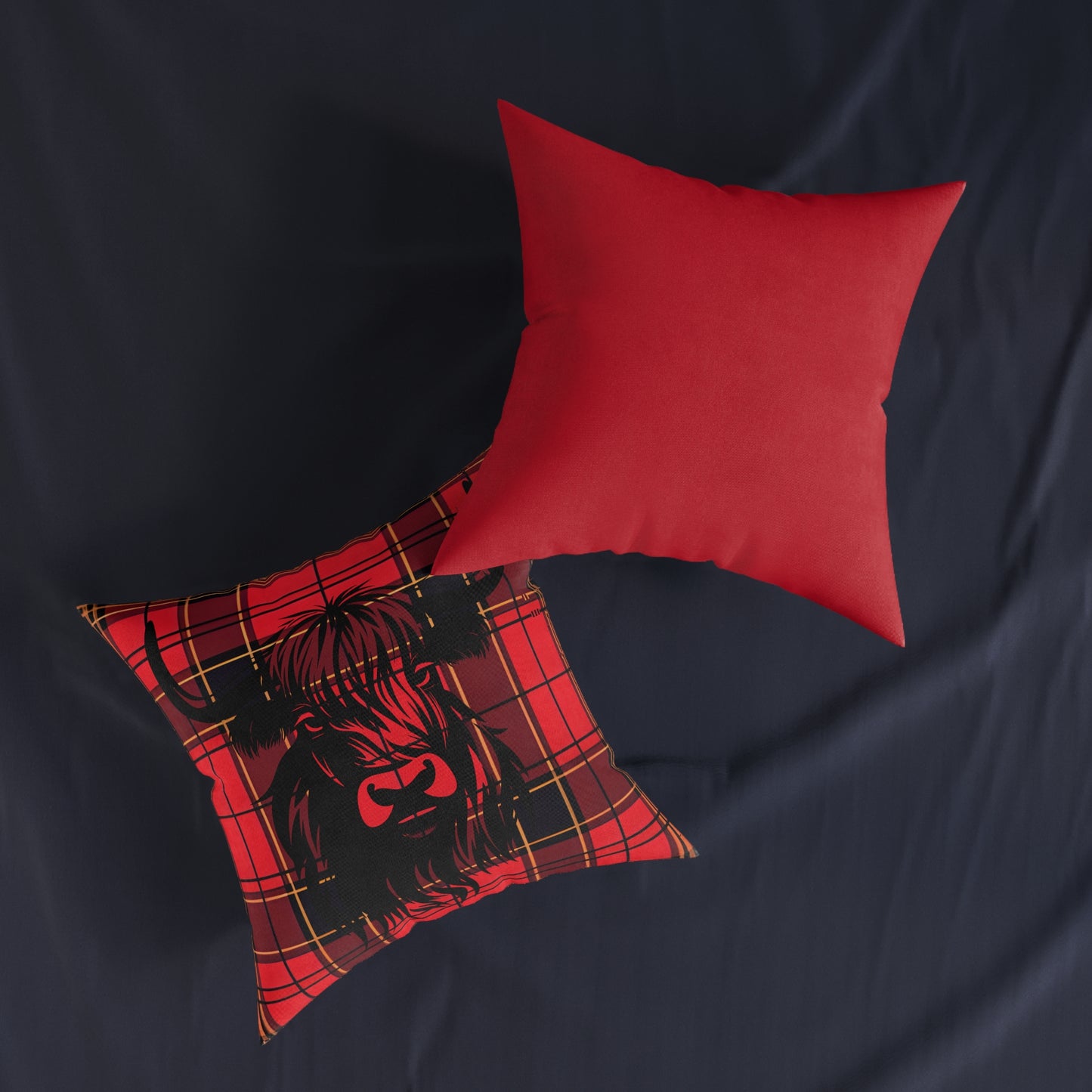 Cozy Highland Cow Pillow, Farmhouse Square Cushion, Rustic Home Decor, Red Plaid Throw Pillow, Great for Living Room, Cabin Style