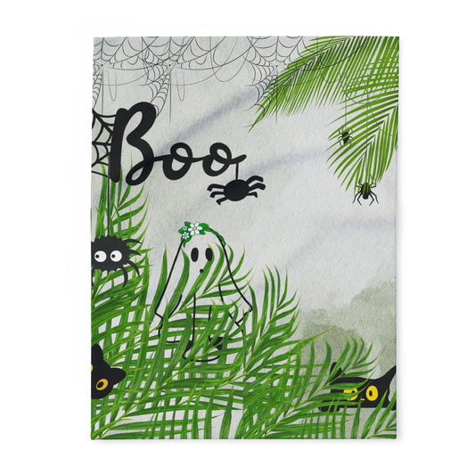 Spooky Tropical Fleece Blanket, Cozy Halloween Decor, Ghosts and Spiders, Gift for Kids, Fall Season Home Accents