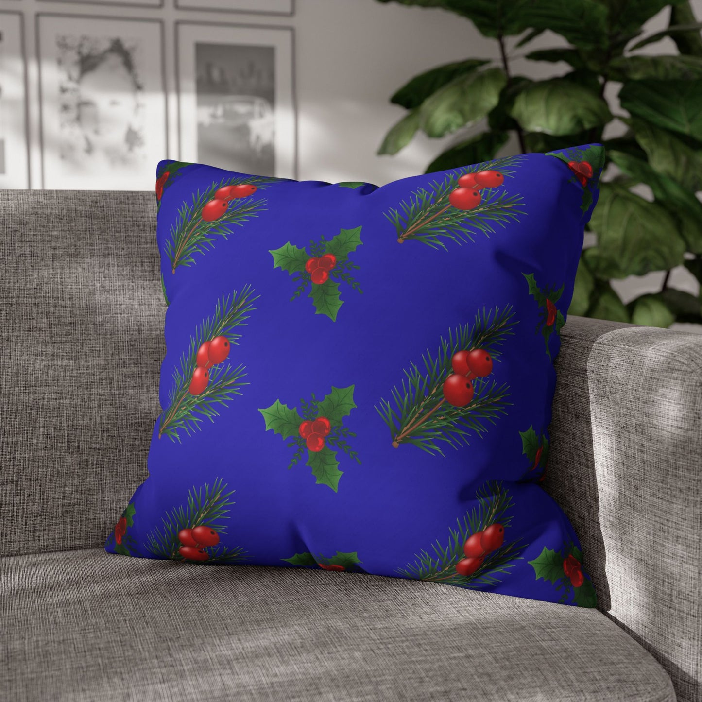 Christmas Holly & Pine Square Pillowcase — Blue Holiday Decorative Cushion Cover