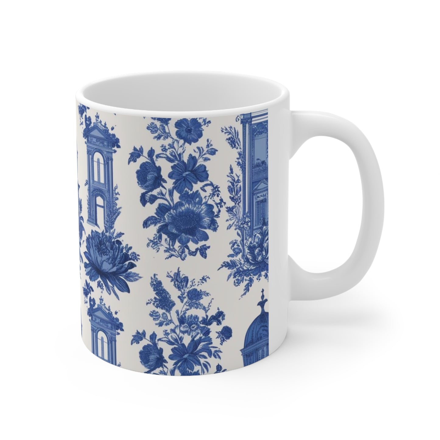 Vintage Floral Ceramic Coffee Cup - 11oz & 15oz - Blue and White Design