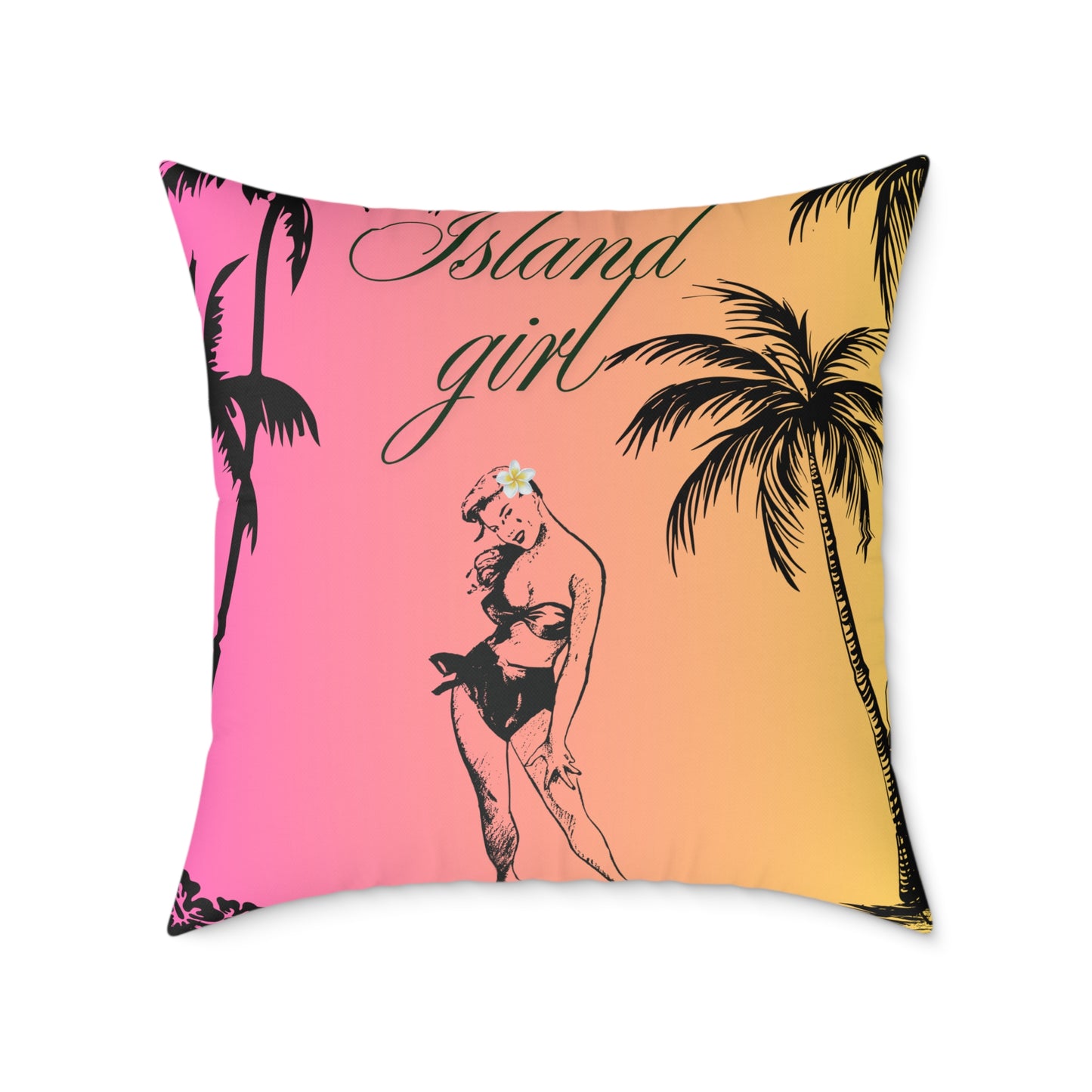 Island Girl Tropical Pillow | Square Poly Canvas Cushion, Beach Decor, Boho Bedroom Accessory, Summer Vibes, Coastal Living
