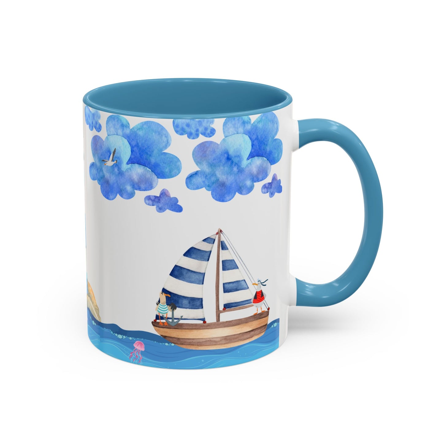 Ocean-Inspired Accent Coffee Mug, Nautical Decor, Lighthouse & Sailboat Design, Perfect Gift for Beach Lovers, Ideal for Home or Office
