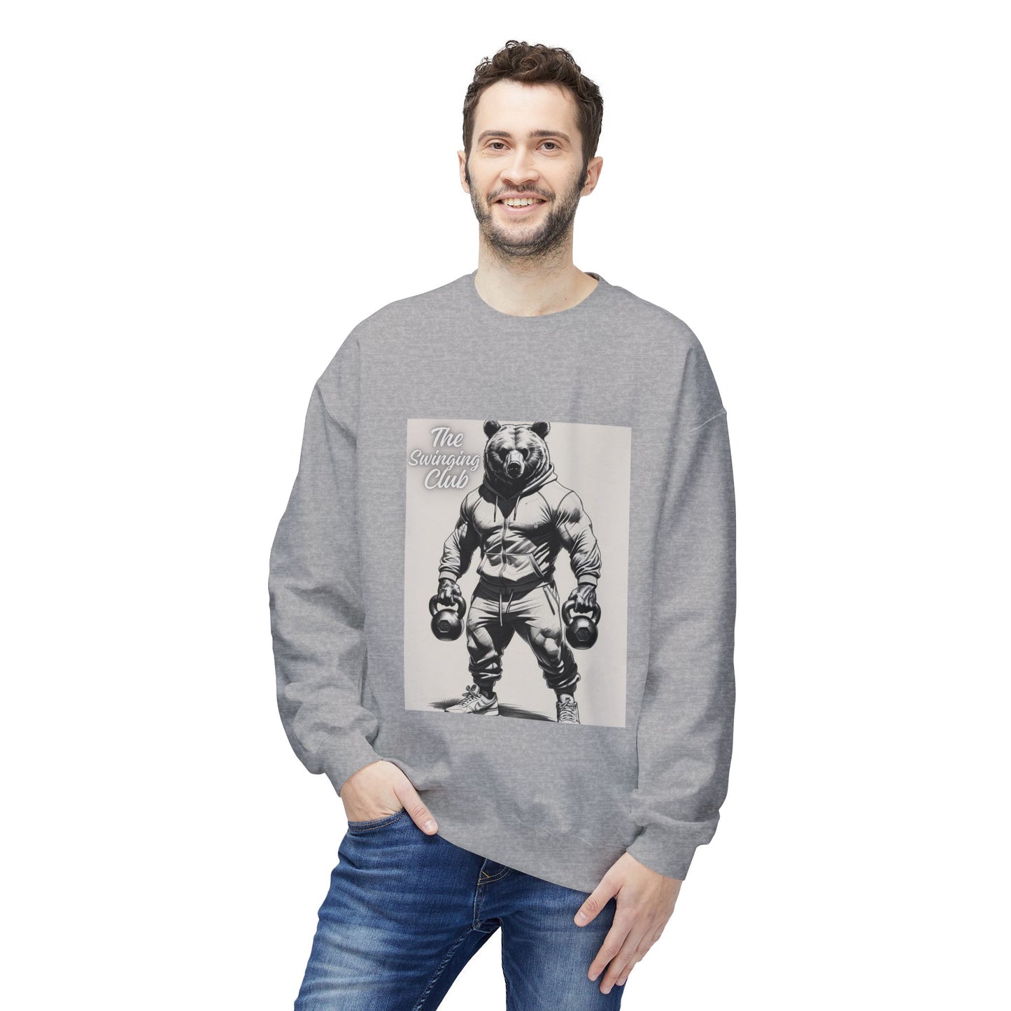 Fleece Crewneck Sweatshirt with Bear Gym Design, Cozy Unisex Apparel, Perfect for Workouts, Gift for Fitness Lovers, Casual Wear