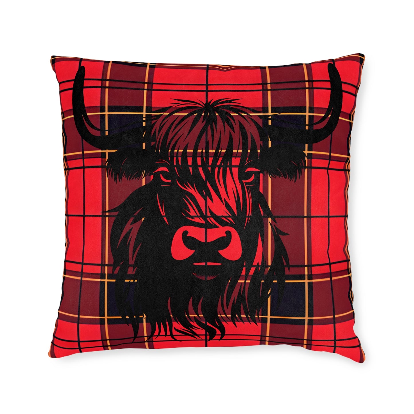 Cozy Highland Cow Pillow, Farmhouse Square Cushion, Rustic Home Decor, Red Plaid Throw Pillow, Great for Living Room, Cabin Style