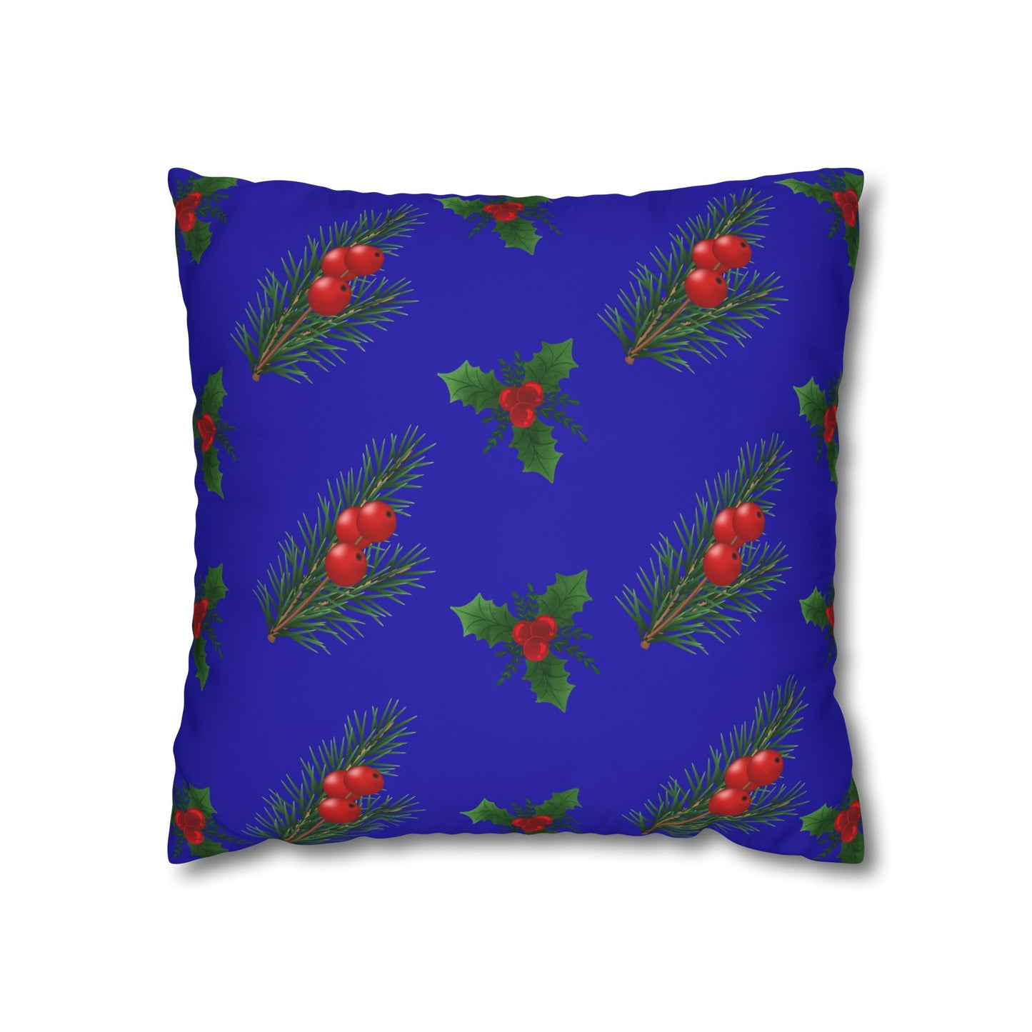 Christmas Holly & Pine Square Pillowcase — Blue Holiday Decorative Cushion Cover
