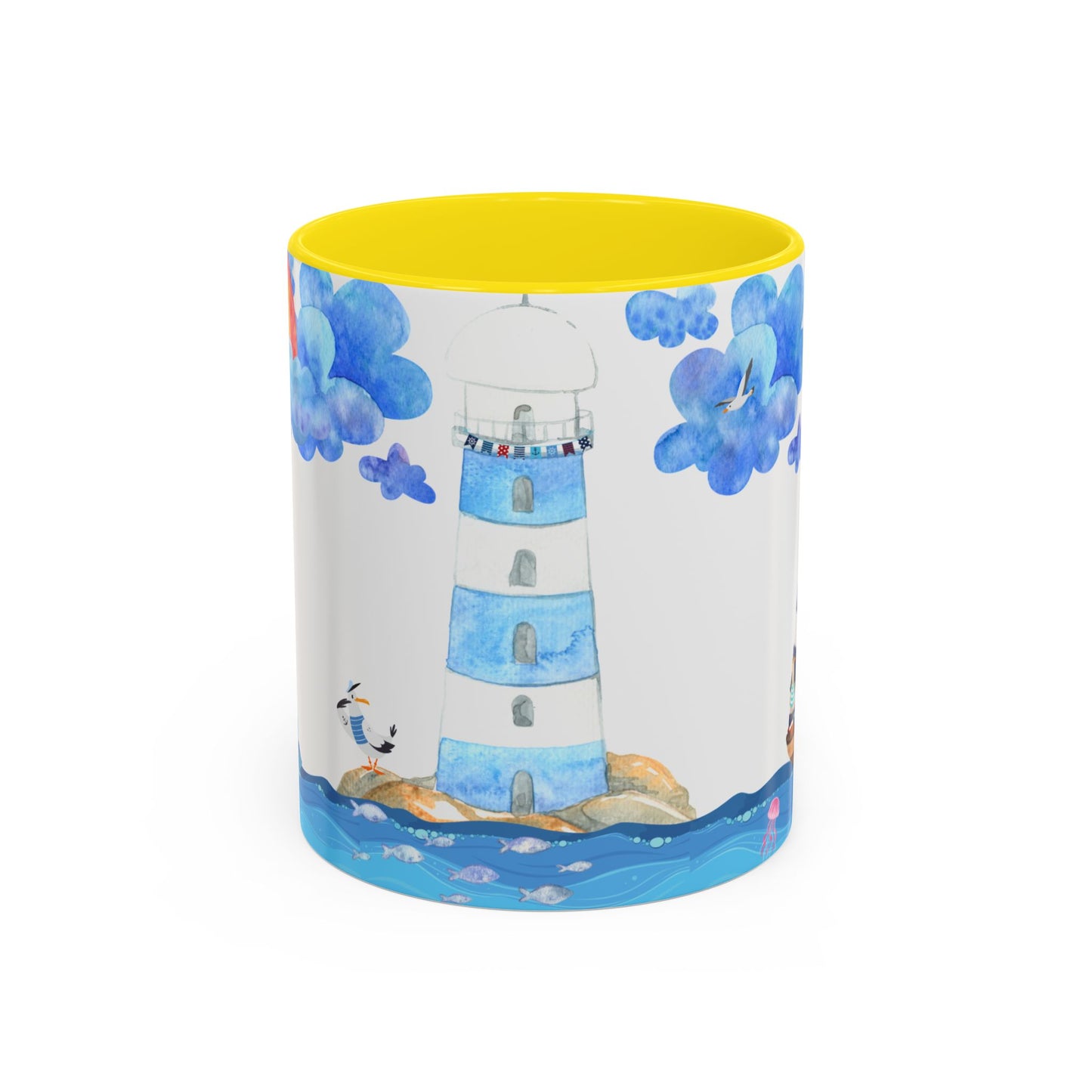 Ocean-Inspired Accent Coffee Mug, Nautical Decor, Lighthouse & Sailboat Design, Perfect Gift for Beach Lovers, Ideal for Home or Office