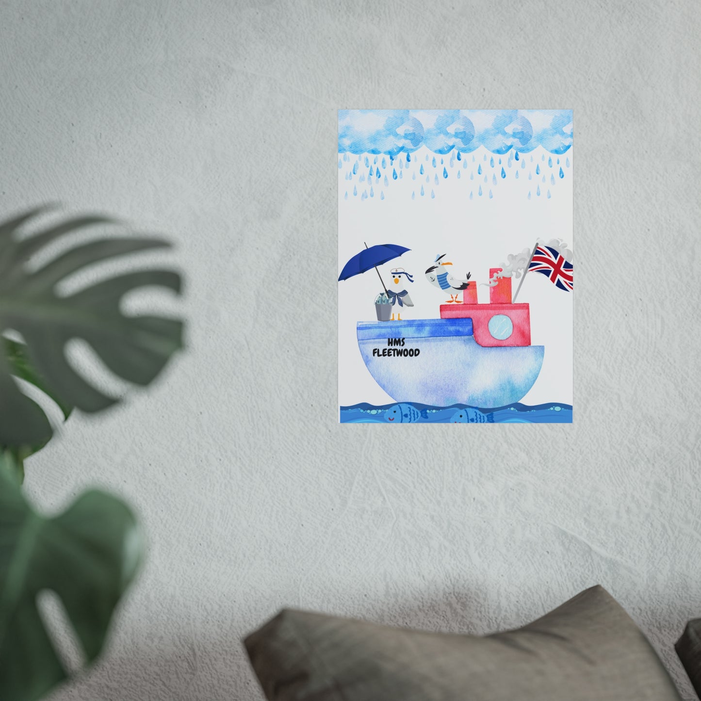 Whimsical Nautical Poster, Coastal Wall Art, HMS Fleetwood Decor, Seagull Artwork, Beach House Decoration