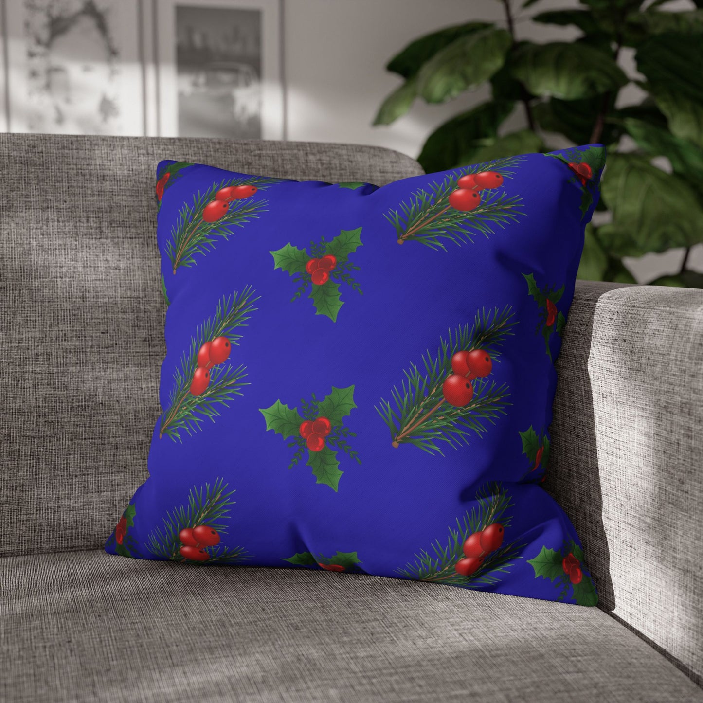 Christmas Holly & Pine Square Pillowcase — Blue Holiday Decorative Cushion Cover