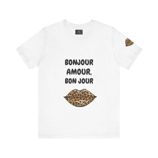Bonjour Amour Unisex Tee, Cute Fashion T-Shirt, Animal Print Shirt, Gift for Her, Casual Wear