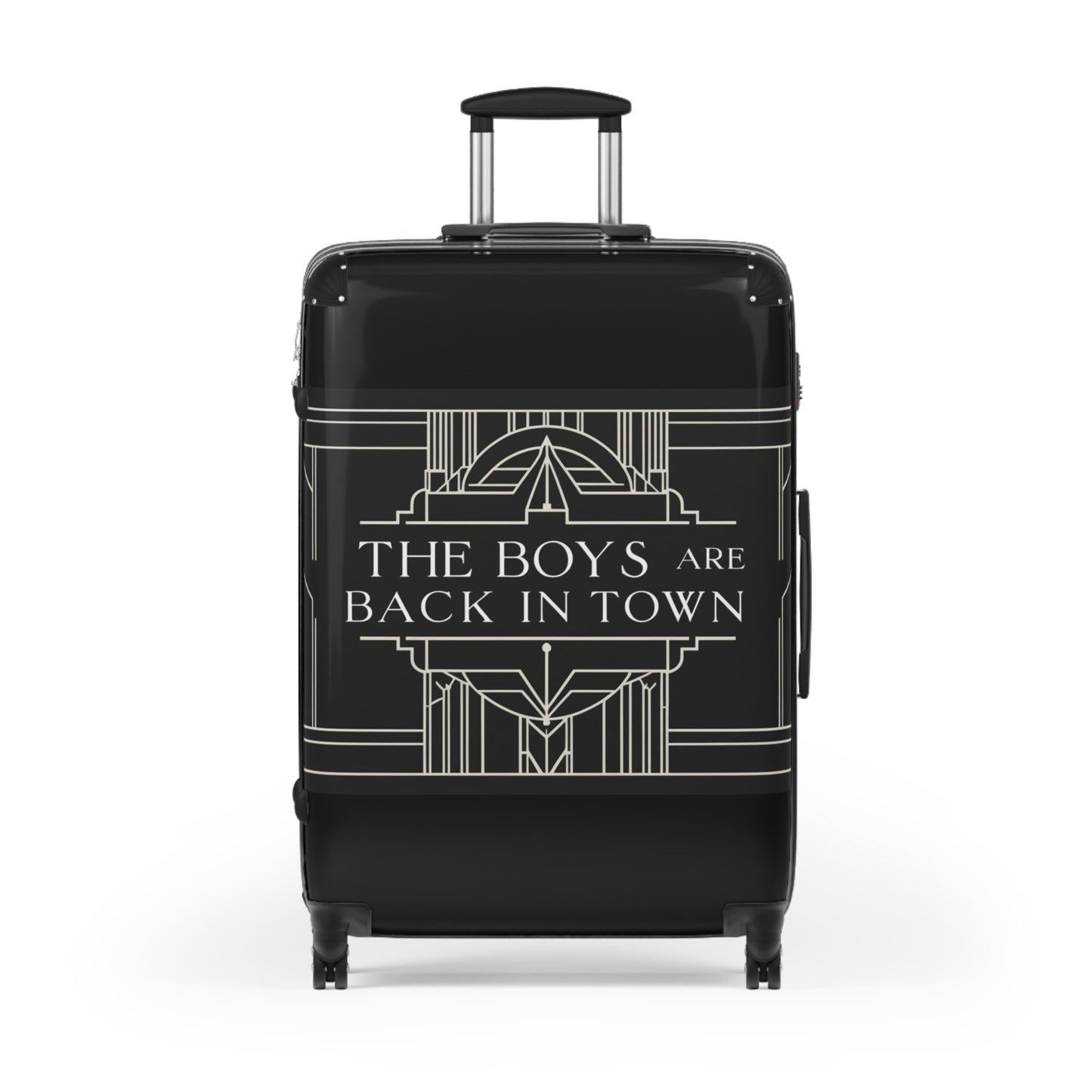 Stylish Black Suitcase with 'The Boys Are Back in Town' Design