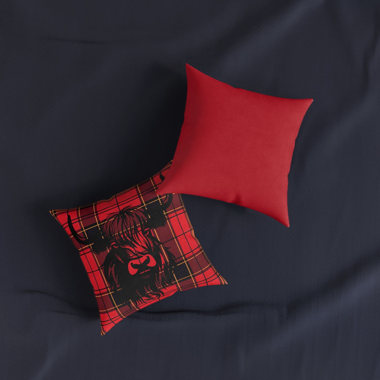 Cozy Highland Cow Pillow, Farmhouse Square Cushion, Rustic Home Decor, Red Plaid Throw Pillow, Great for Living Room, Cabin Style