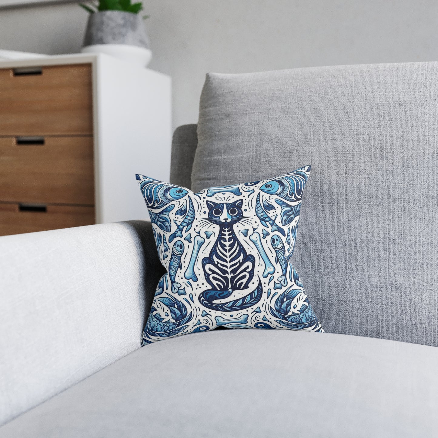 Whimsical Cat Skeleton Square Pillow – Cozy Home Decor for Cat Lovers