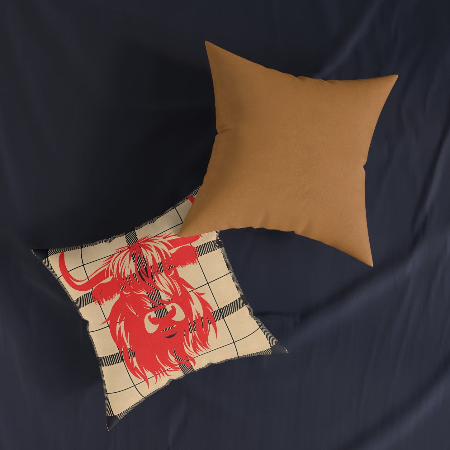 Highland Cow Square Pillow | Cozy Home Decor, Rustic Throw Pillow, Farmhouse Cushion, Unique Gift for Animal Lovers, Plaid Accent