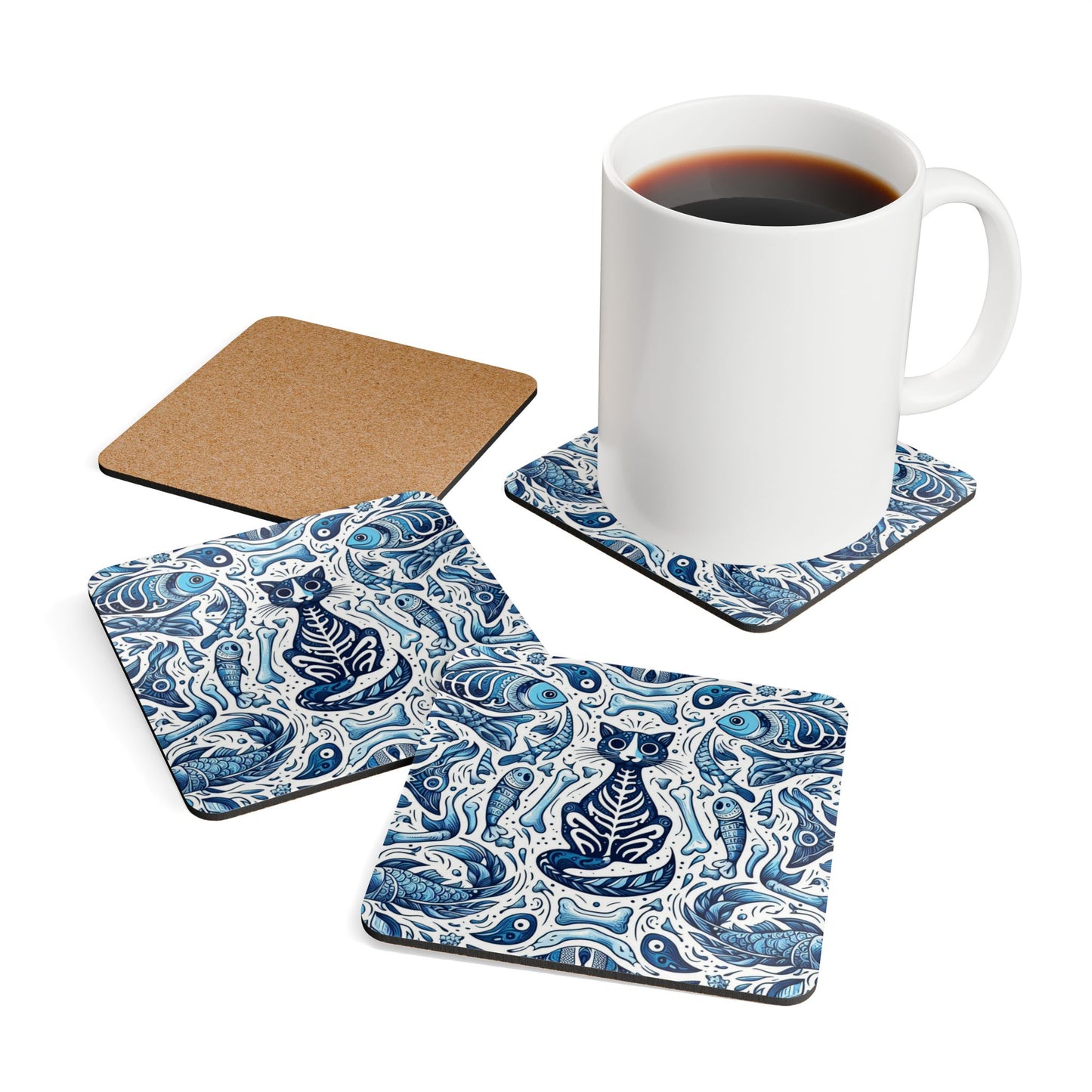 Artistic Corkwood Coaster Set - Whimsical Cat and Fish Design