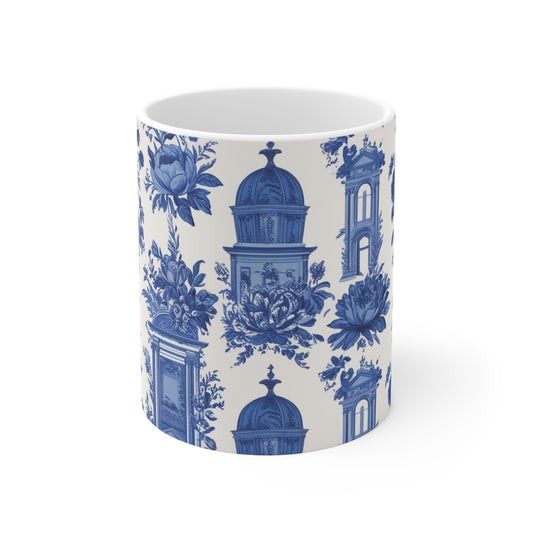 Vintage Floral Ceramic Coffee Cup - 11oz & 15oz - Blue and White Design
