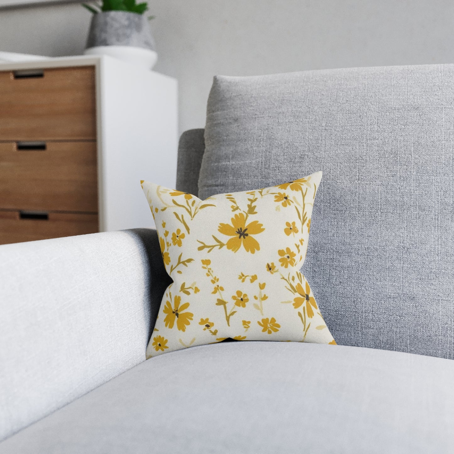 Botanical Floral Square Pillow – Bright Yellow Floral Design for Cozy Home Décor