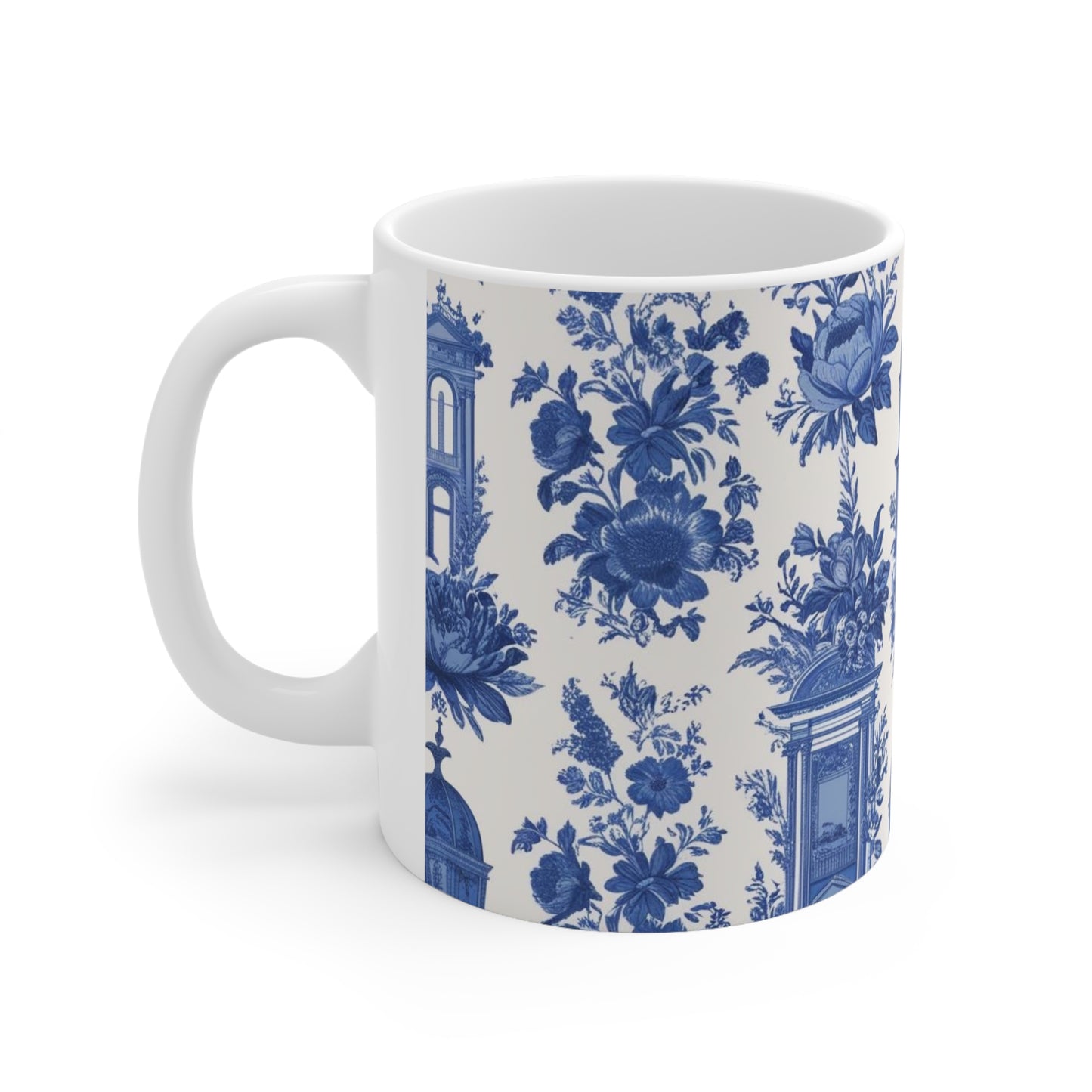 Vintage Floral Ceramic Coffee Cup - 11oz & 15oz - Blue and White Design