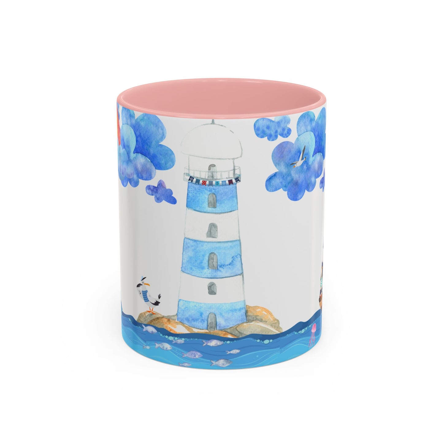 Ocean-Inspired Accent Coffee Mug, Nautical Decor, Lighthouse & Sailboat Design, Perfect Gift for Beach Lovers, Ideal for Home or Office