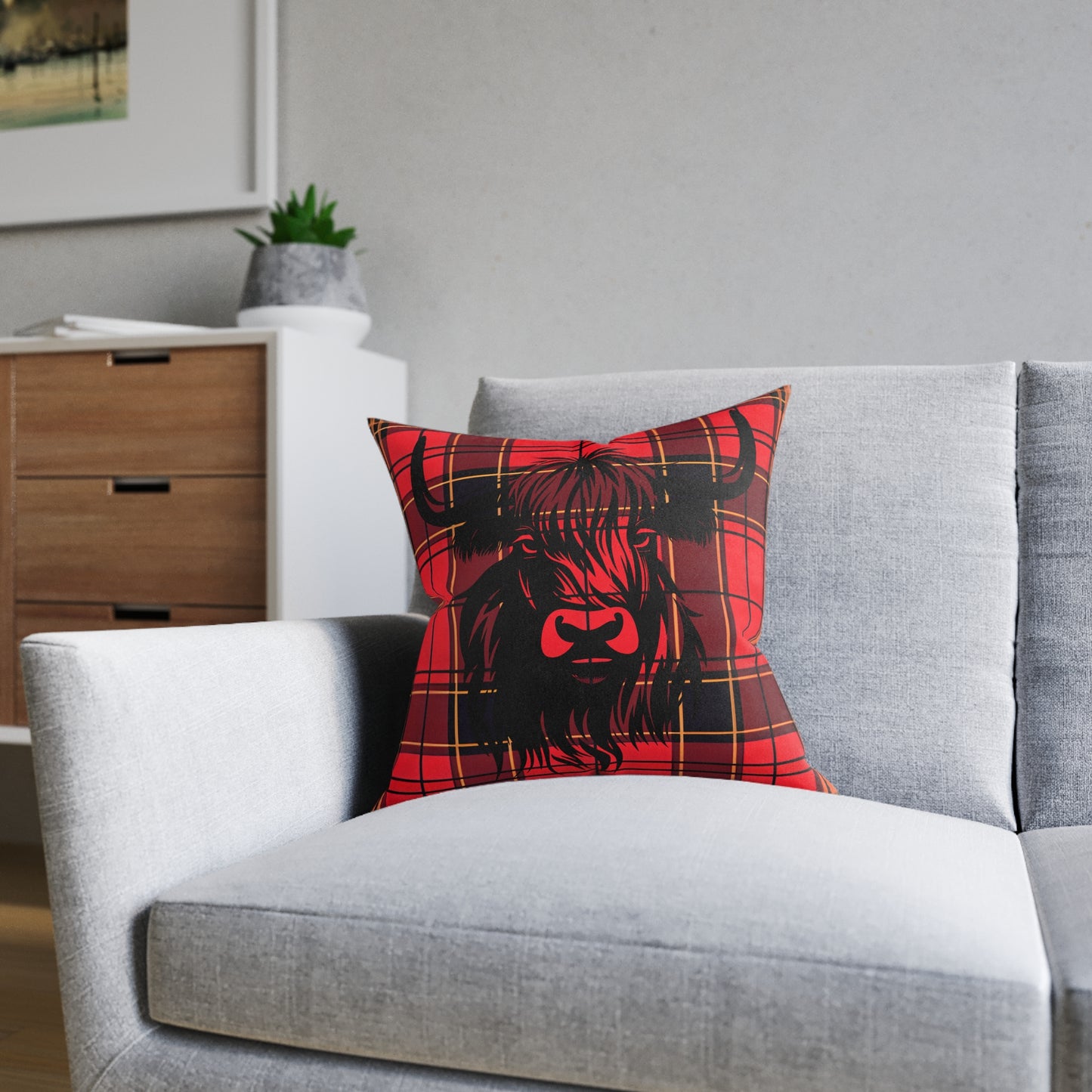 Cozy Highland Cow Pillow, Farmhouse Square Cushion, Rustic Home Decor, Red Plaid Throw Pillow, Great for Living Room, Cabin Style