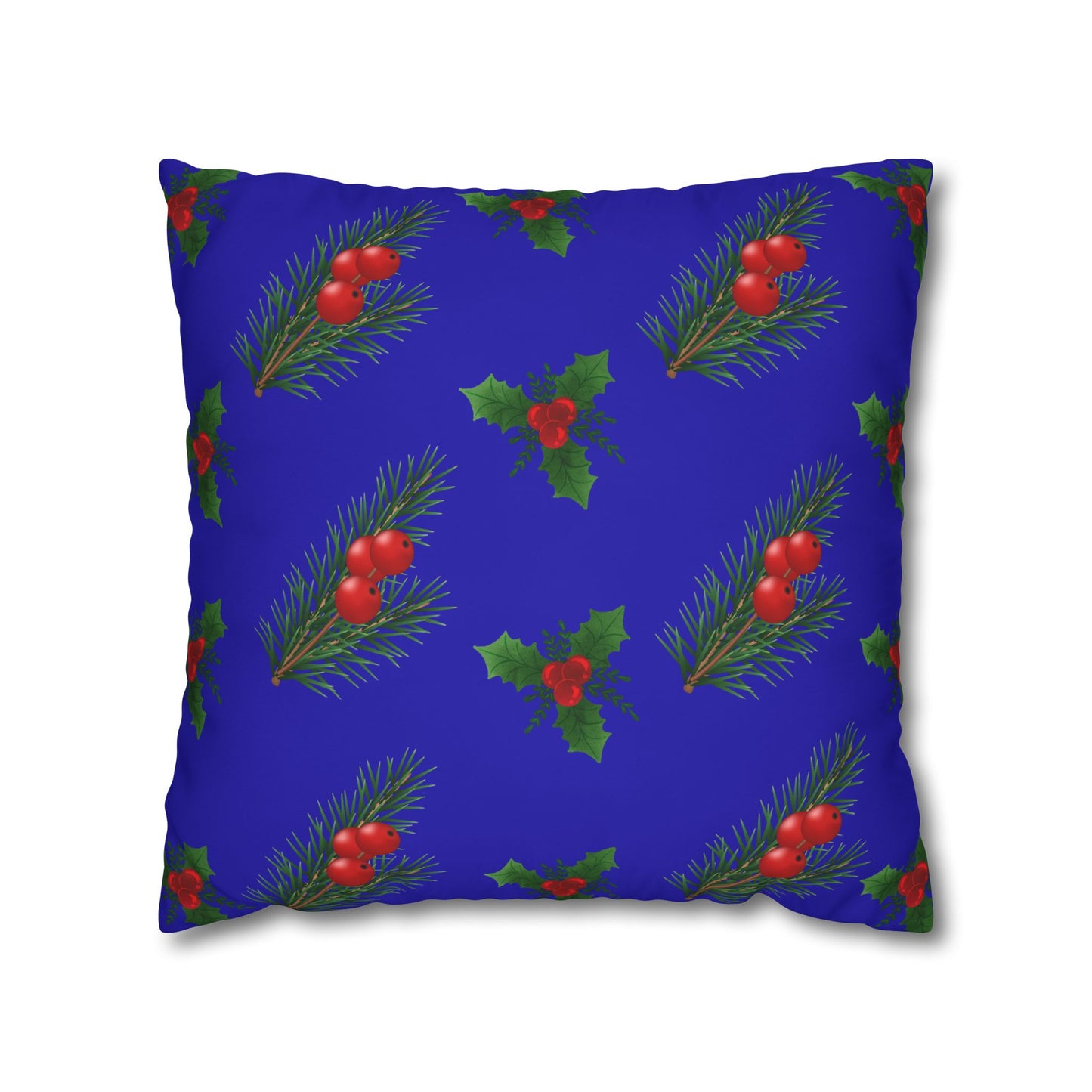 Christmas Holly & Pine Square Pillowcase — Blue Holiday Decorative Cushion Cover