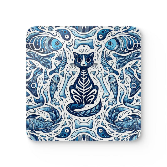 Artistic Corkwood Coaster Set - Whimsical Cat and Fish Design