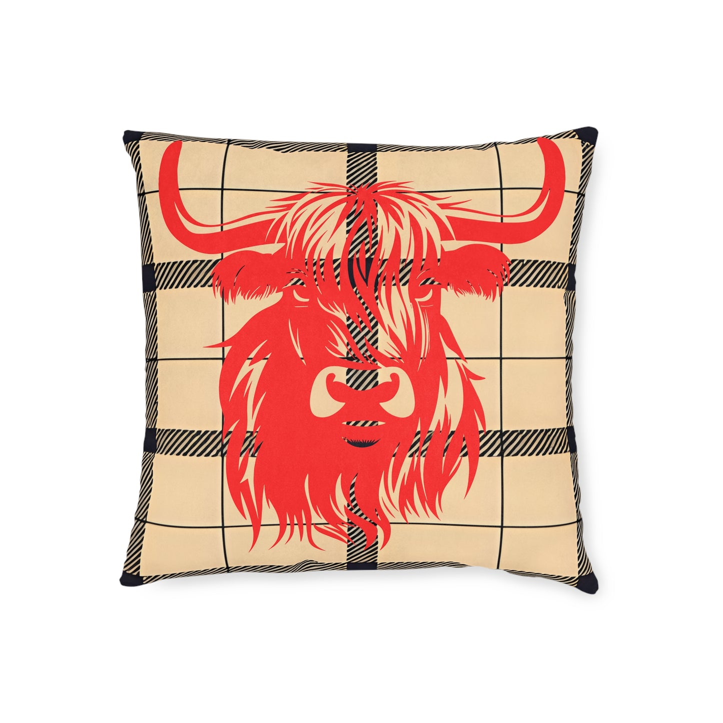 Highland Cow Square Pillow | Cozy Home Decor, Rustic Throw Pillow, Farmhouse Cushion, Unique Gift for Animal Lovers, Plaid Accent