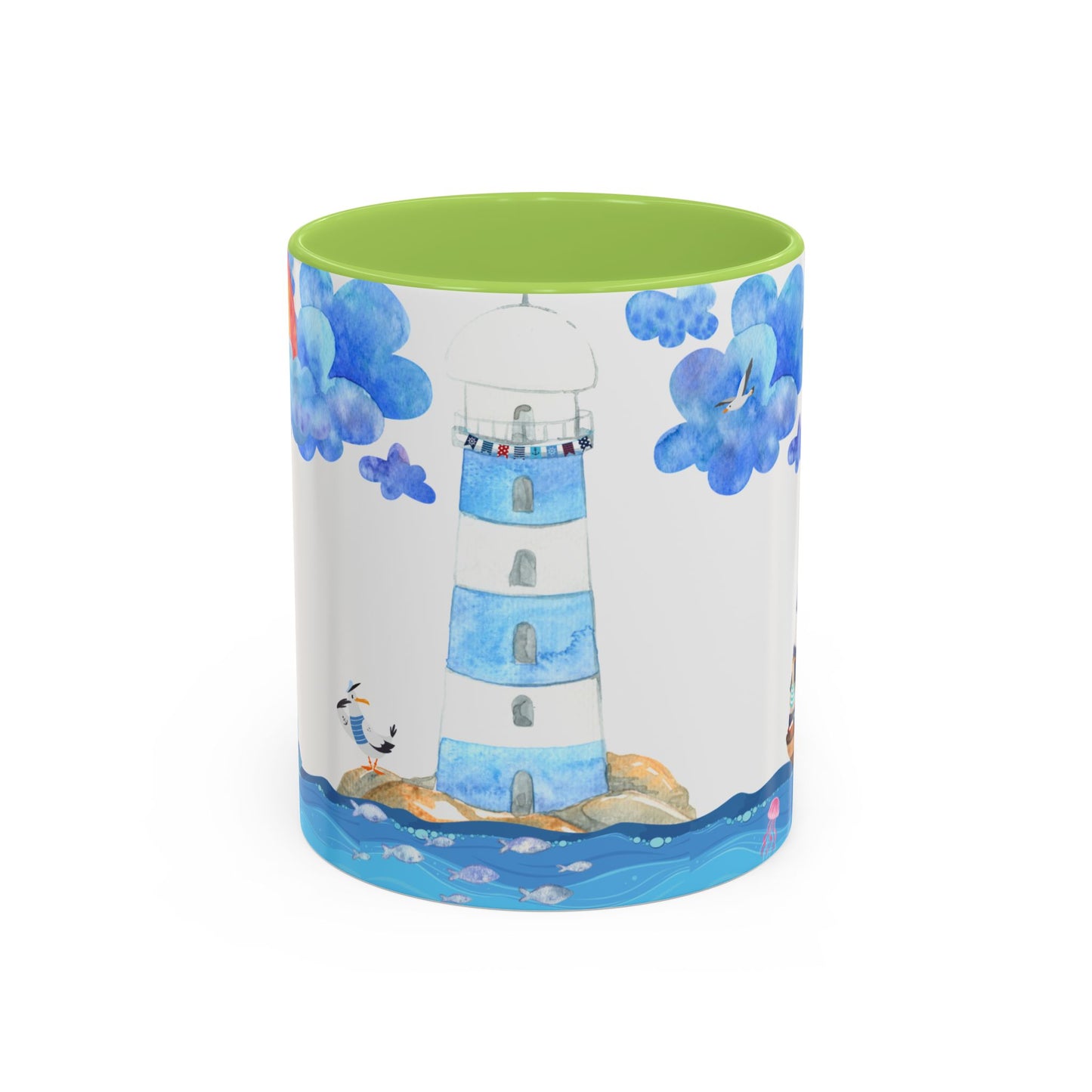 Ocean-Inspired Accent Coffee Mug, Nautical Decor, Lighthouse & Sailboat Design, Perfect Gift for Beach Lovers, Ideal for Home or Office