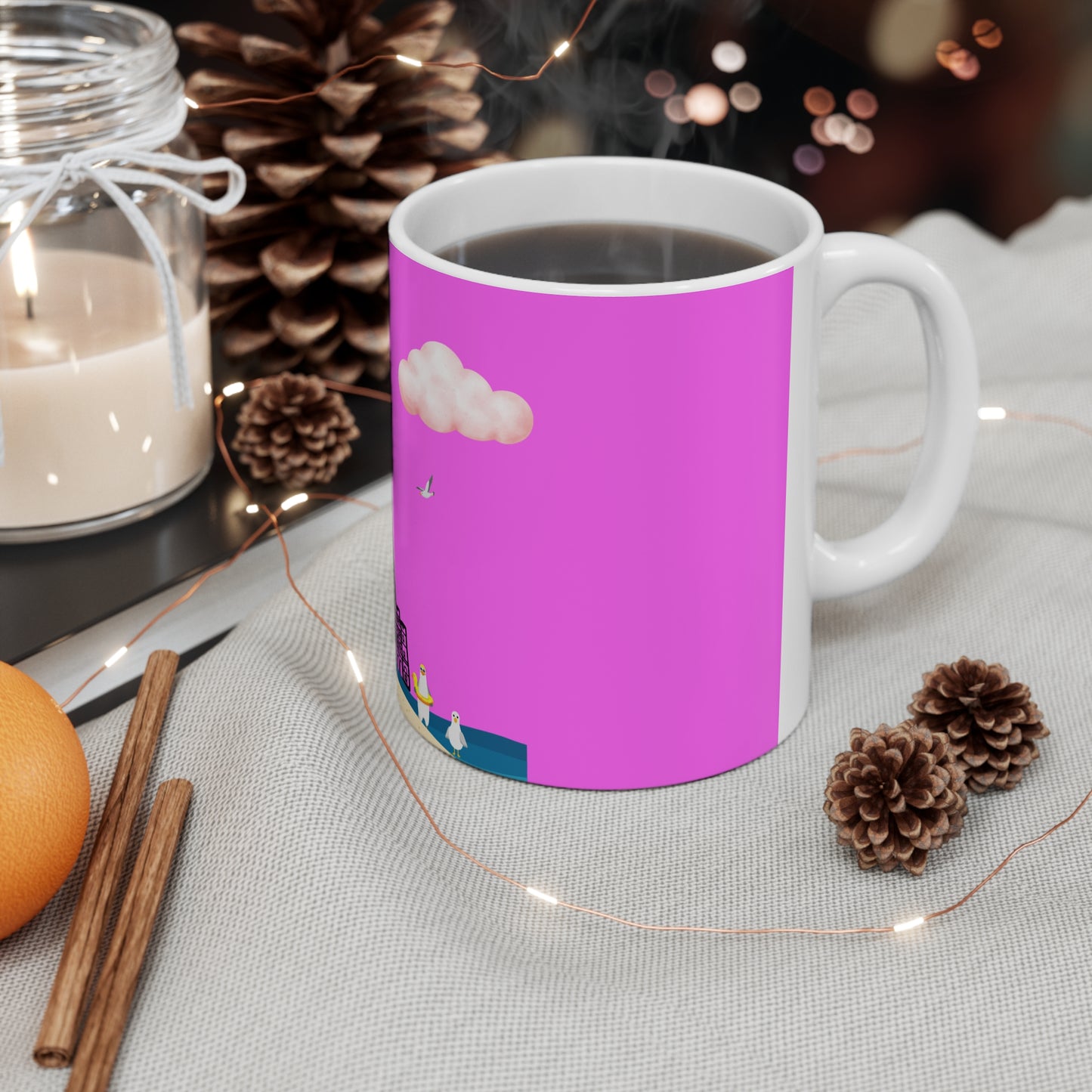 Beach Vibe Ceramic Coffee Cup, Summer Mug, Vacation Cup, Pink Aesthetic, Gift for Beach Lovers