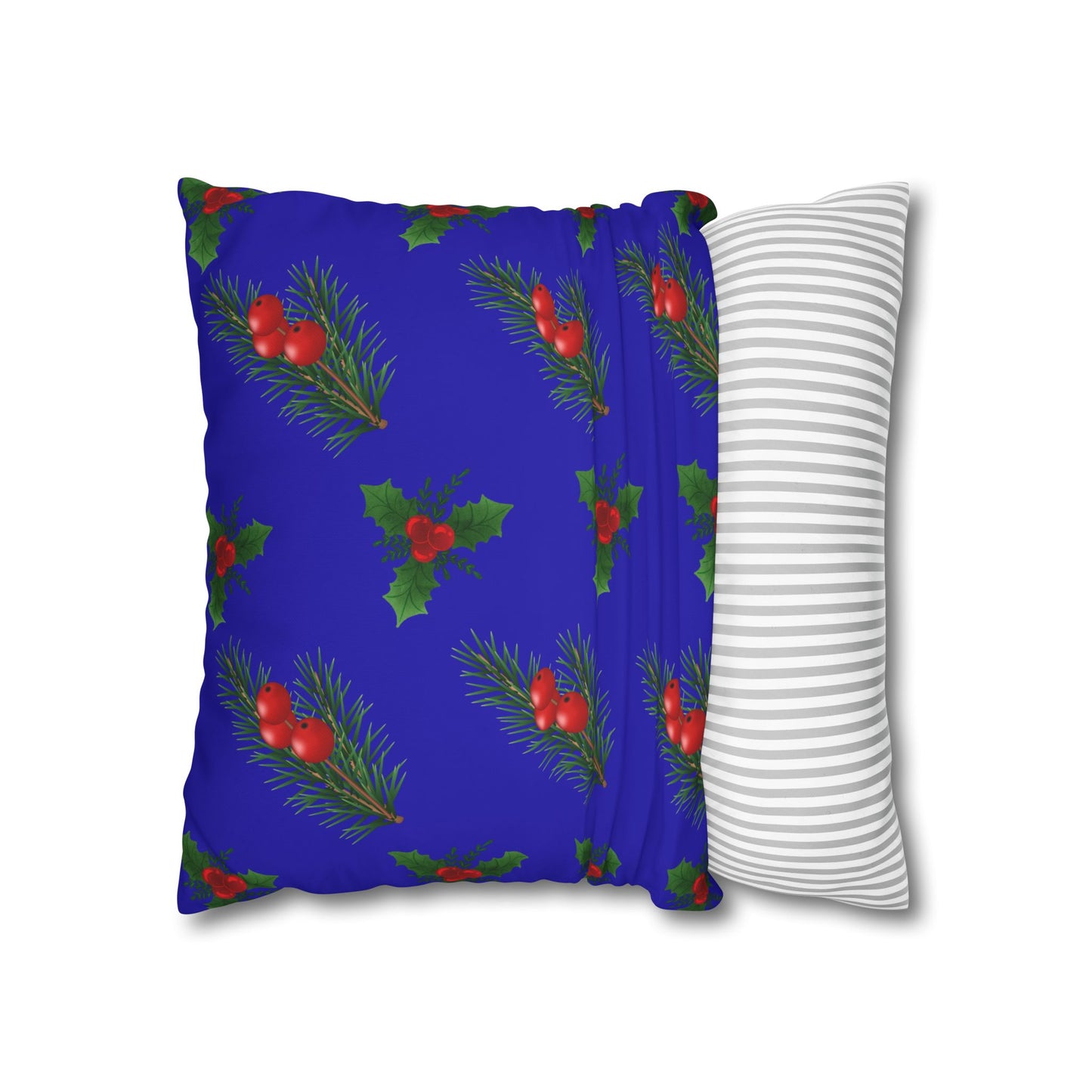 Christmas Holly & Pine Square Pillowcase — Blue Holiday Decorative Cushion Cover