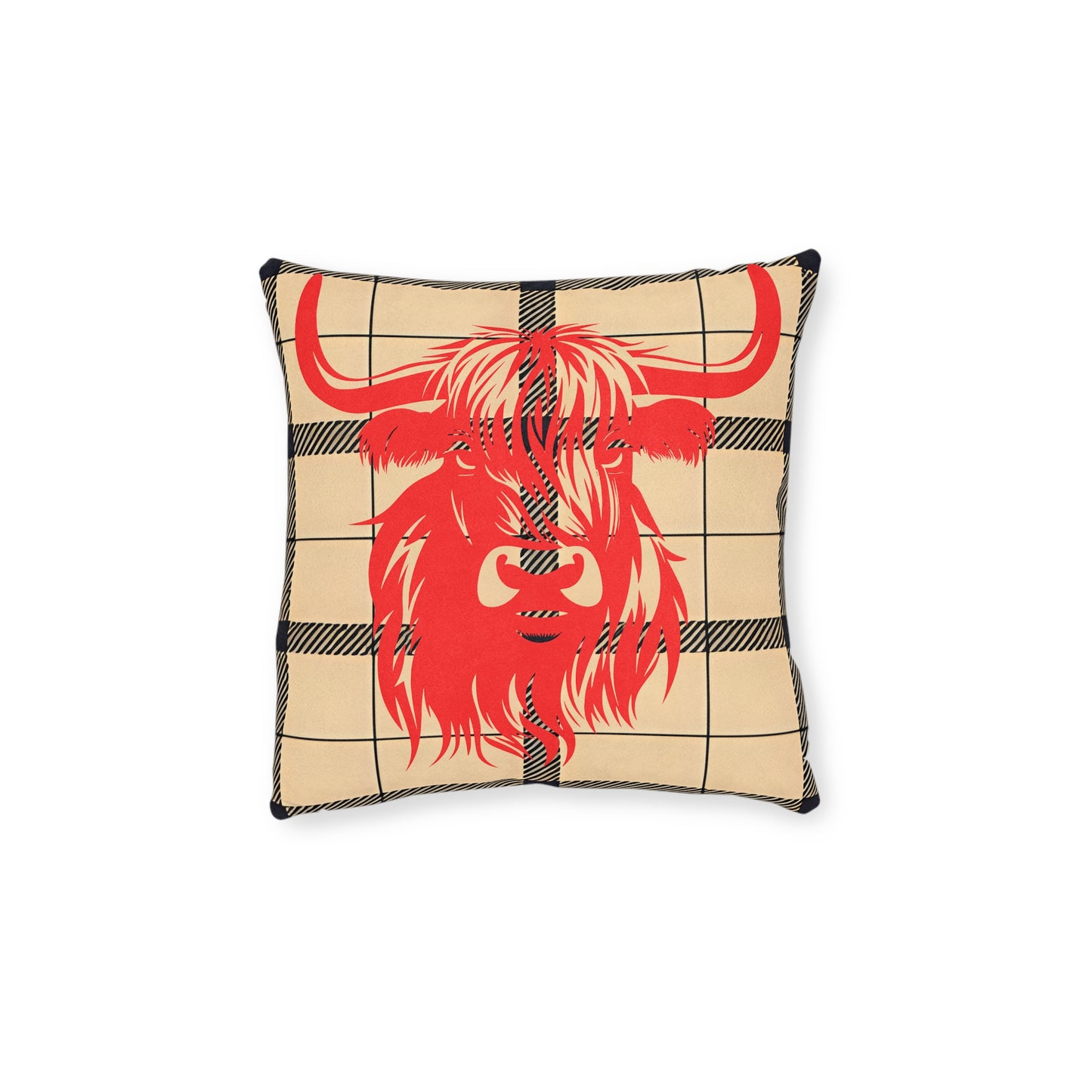 Highland Cow Square Pillow | Cozy Home Decor, Rustic Throw Pillow, Farmhouse Cushion, Unique Gift for Animal Lovers, Plaid Accent