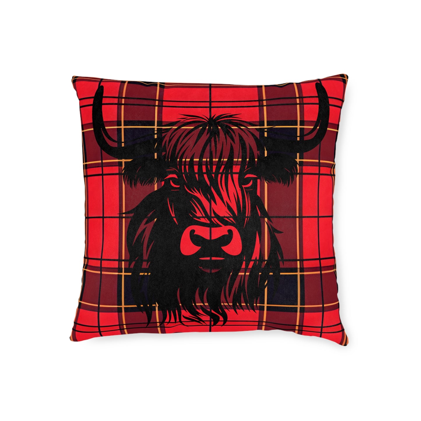 Cozy Highland Cow Pillow, Farmhouse Square Cushion, Rustic Home Decor, Red Plaid Throw Pillow, Great for Living Room, Cabin Style