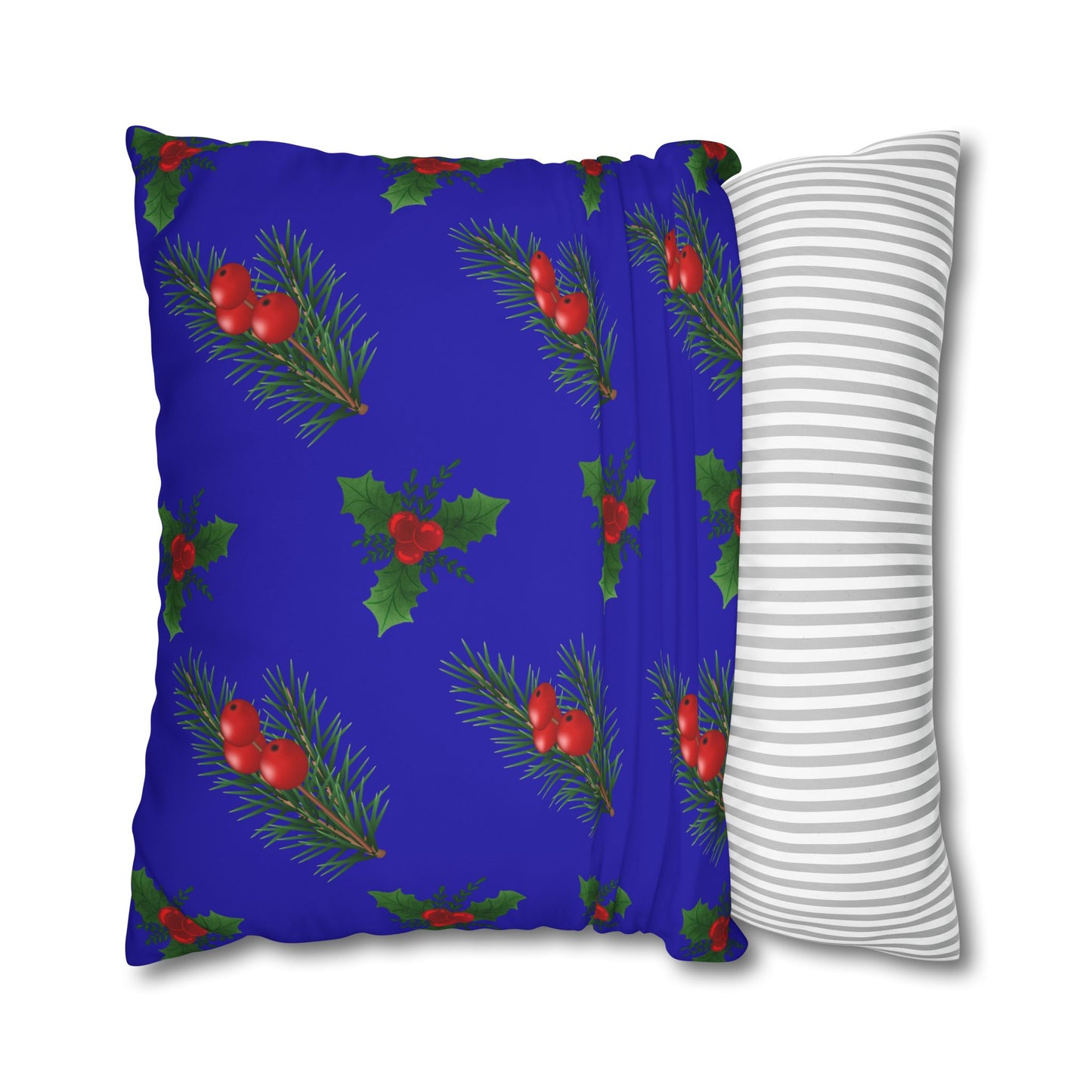 Christmas Holly & Pine Square Pillowcase — Blue Holiday Decorative Cushion Cover