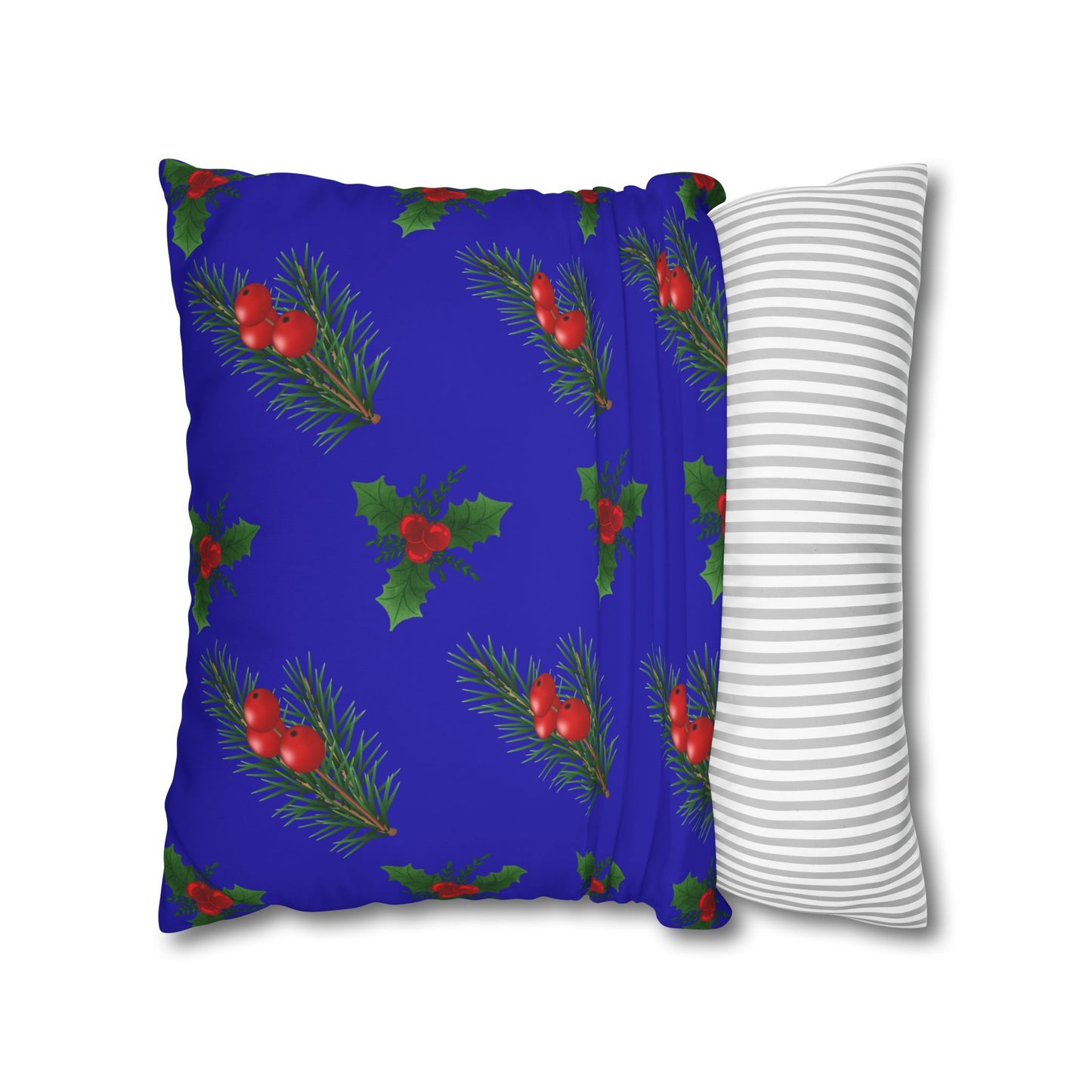 Christmas Holly & Pine Square Pillowcase — Blue Holiday Decorative Cushion Cover