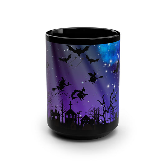 Halloween Themed Black Mug, 15oz, Witch and Bat Design, Spooky Coffee Cup, Perfect for Halloween Decor, Unique Gift for Witch Lovers