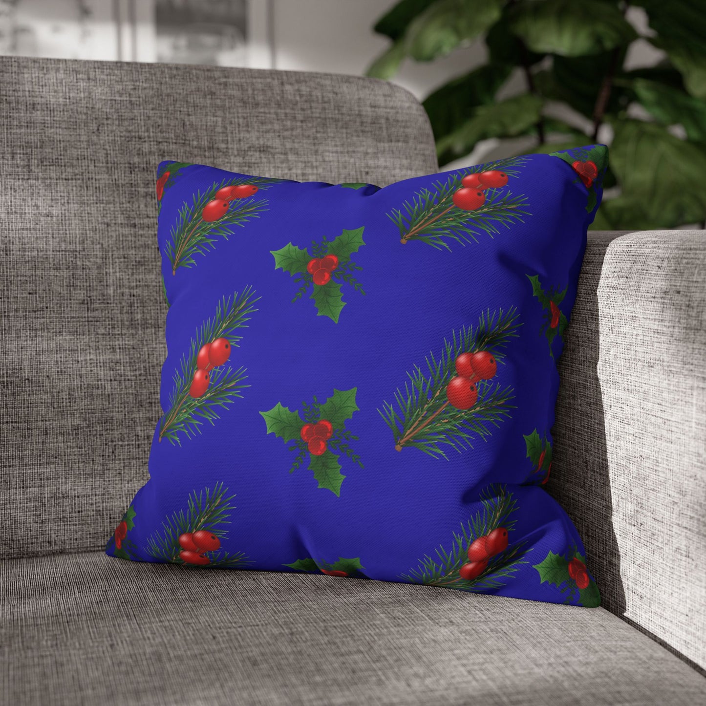 Christmas Holly & Pine Square Pillowcase — Blue Holiday Decorative Cushion Cover