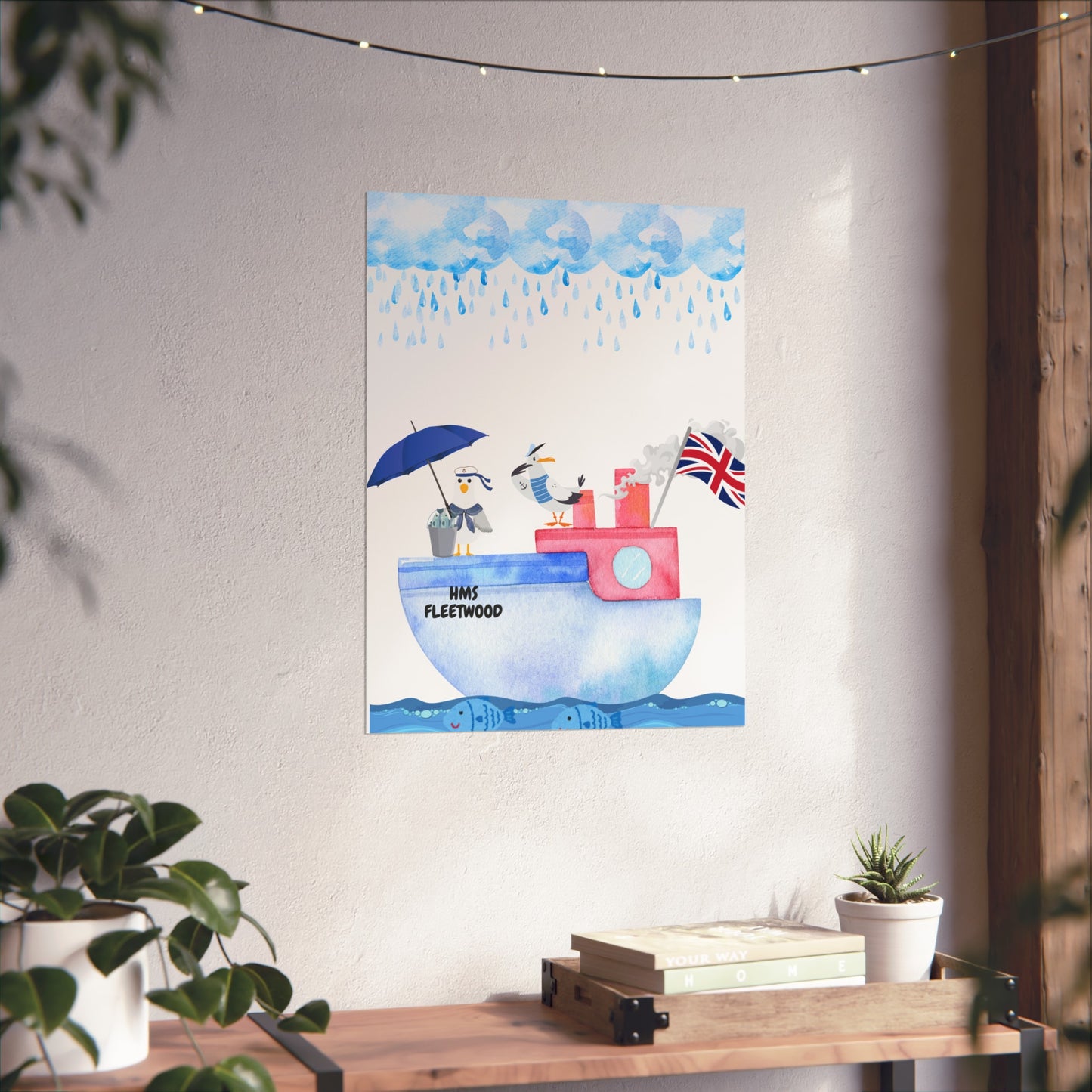 Whimsical Nautical Poster, Coastal Wall Art, HMS Fleetwood Decor, Seagull Artwork, Beach House Decoration