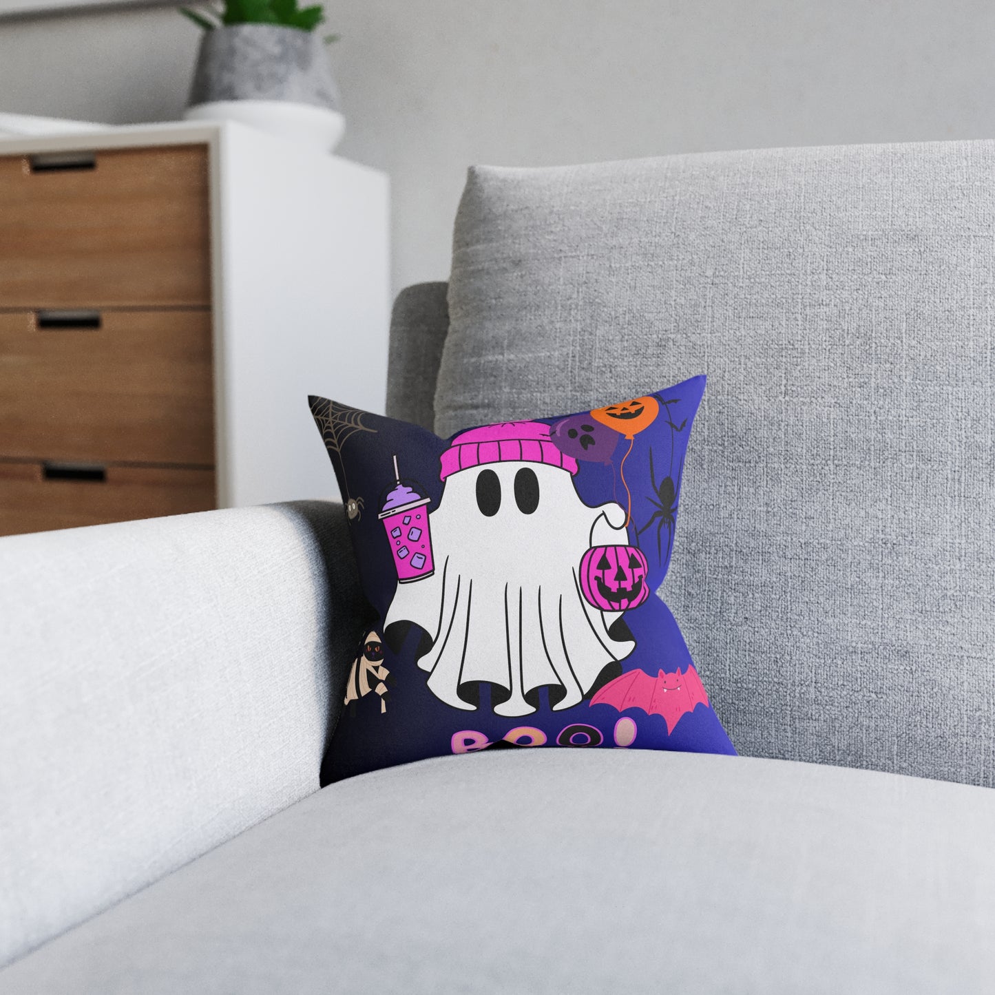 Halloween Ghost Square Pillow, Spooky Decor, Halloween Home Accent, Kid's Room Decoration, Cozy Throw Pillow