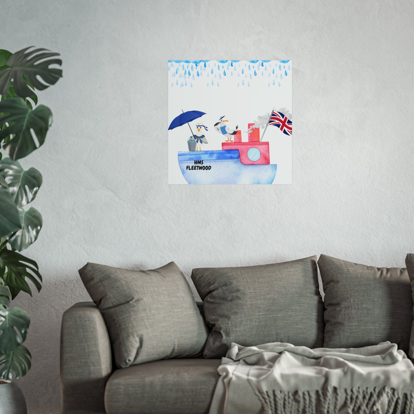 Whimsical Nautical Poster, Coastal Wall Art, HMS Fleetwood Decor, Seagull Artwork, Beach House Decoration