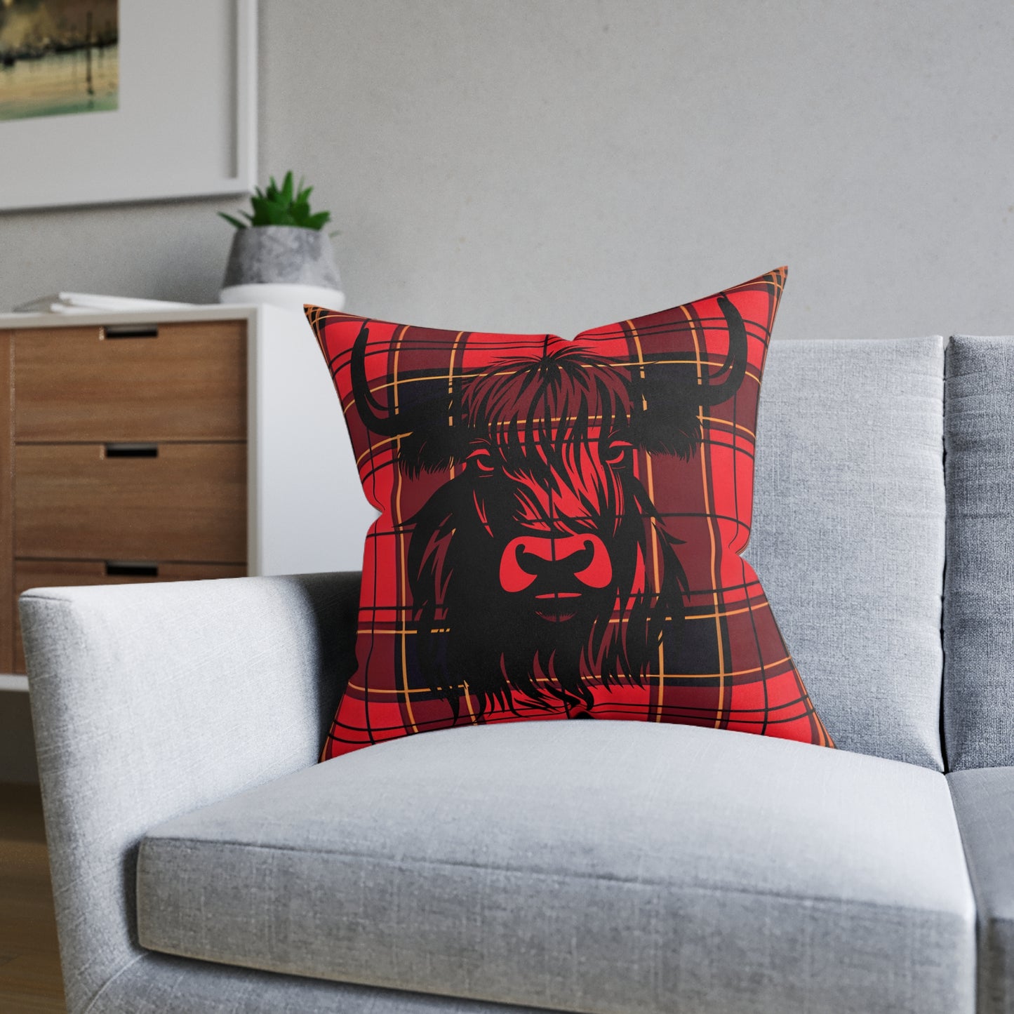 Cozy Highland Cow Pillow, Farmhouse Square Cushion, Rustic Home Decor, Red Plaid Throw Pillow, Great for Living Room, Cabin Style