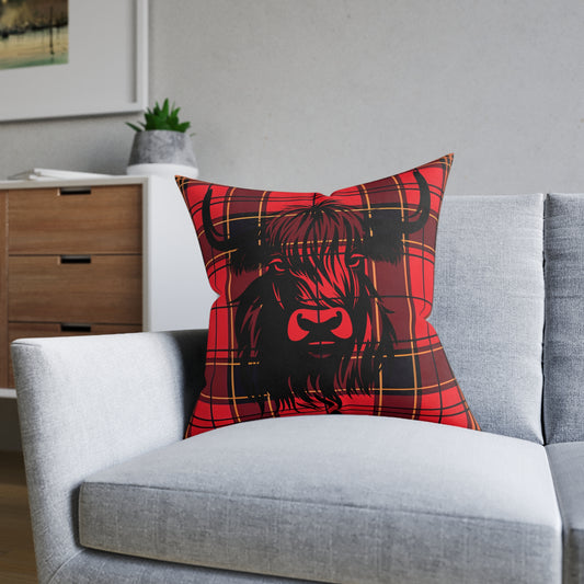 Cozy Highland Cow Pillow, Farmhouse Square Cushion, Rustic Home Decor, Red Plaid Throw Pillow, Great for Living Room, Cabin Style